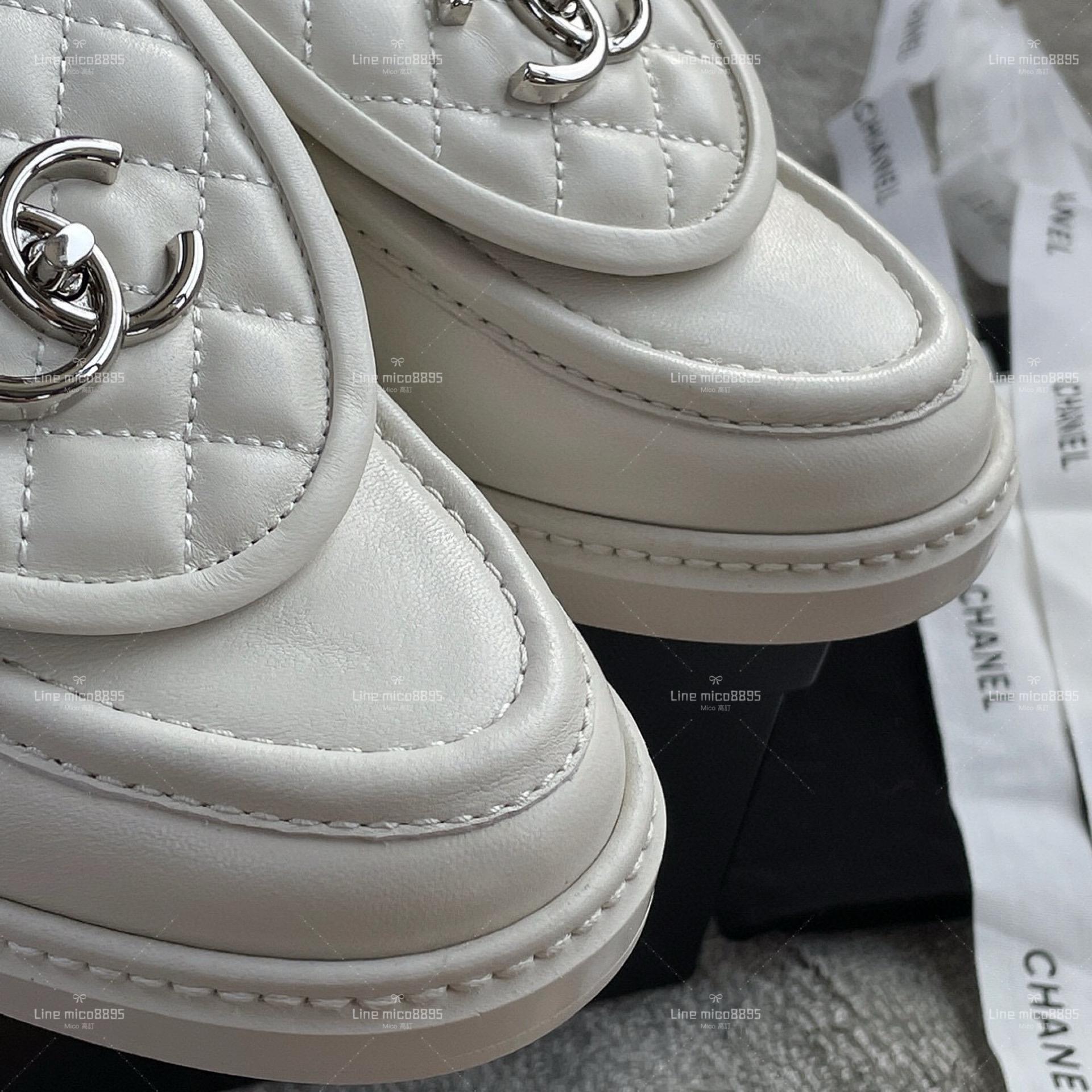 Chanel 經典書包釦 菱格樂福鞋 羊皮白色/銀釦 35-40