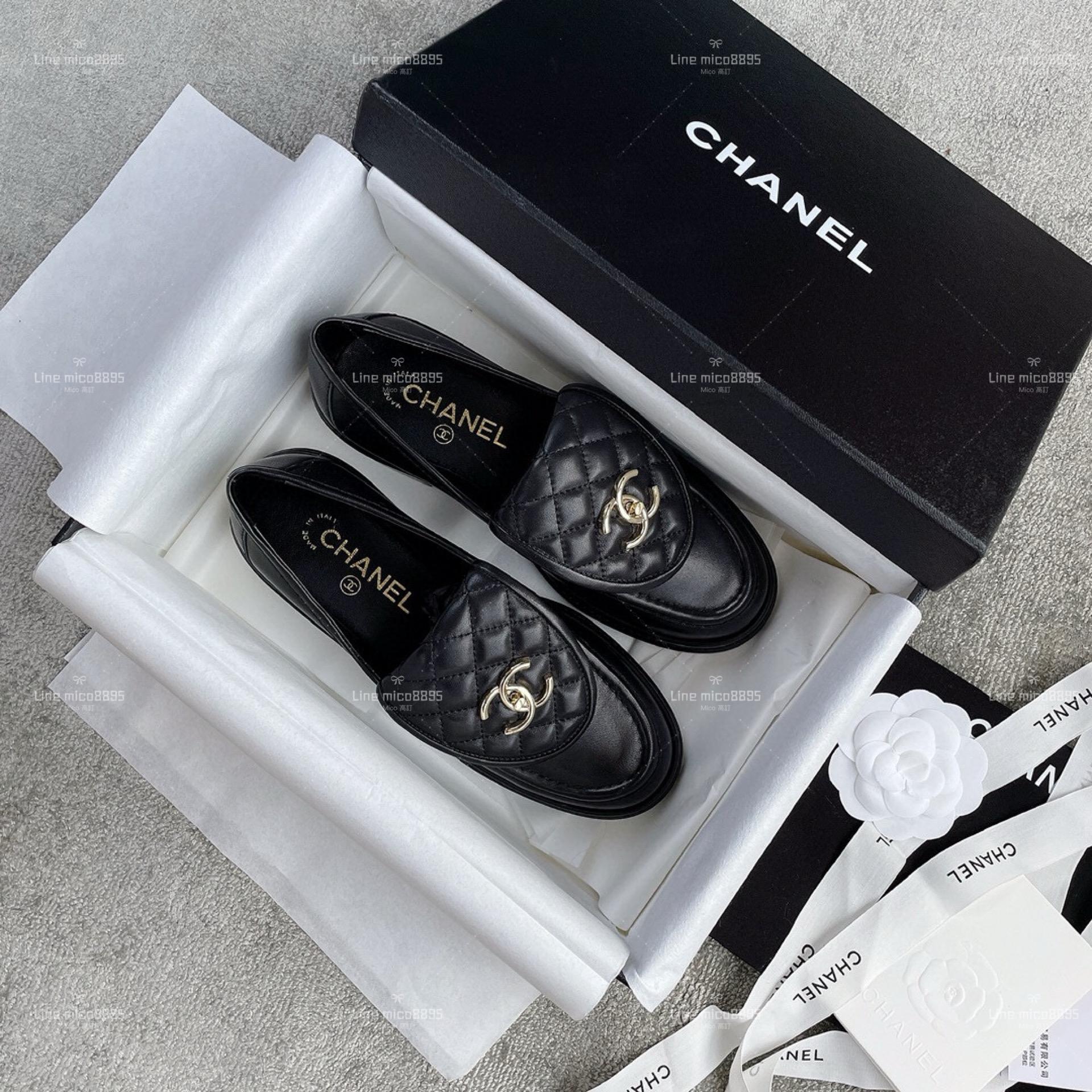 Chanel 經典書包釦 菱格樂福鞋 羊皮黑色/金釦 35-40