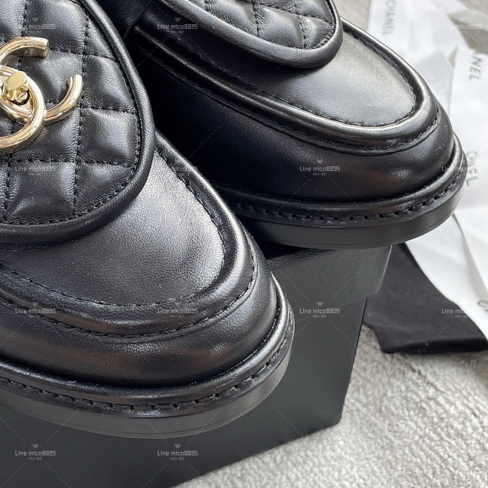 Chanel 經典書包釦 菱格樂福鞋 羊皮黑色/金釦 35-40
