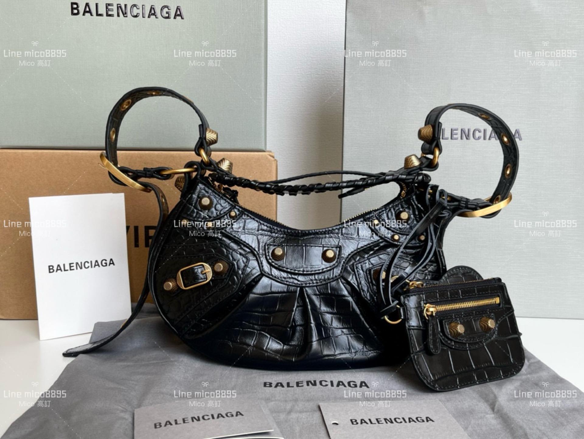 Balenciaga(巴黎世家) 鱷魚紋黑色/金釦 26cm Le Cagole半月包/餃子包/機車包