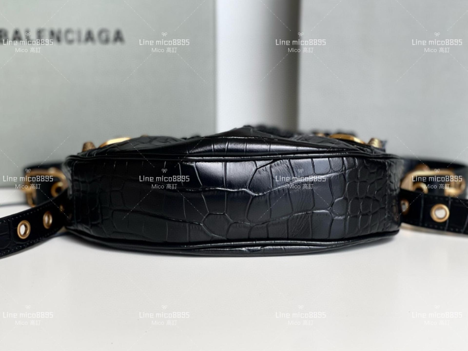 Balenciaga(巴黎世家) 鱷魚紋黑色/金釦 26cm Le Cagole半月包/餃子包/機車包