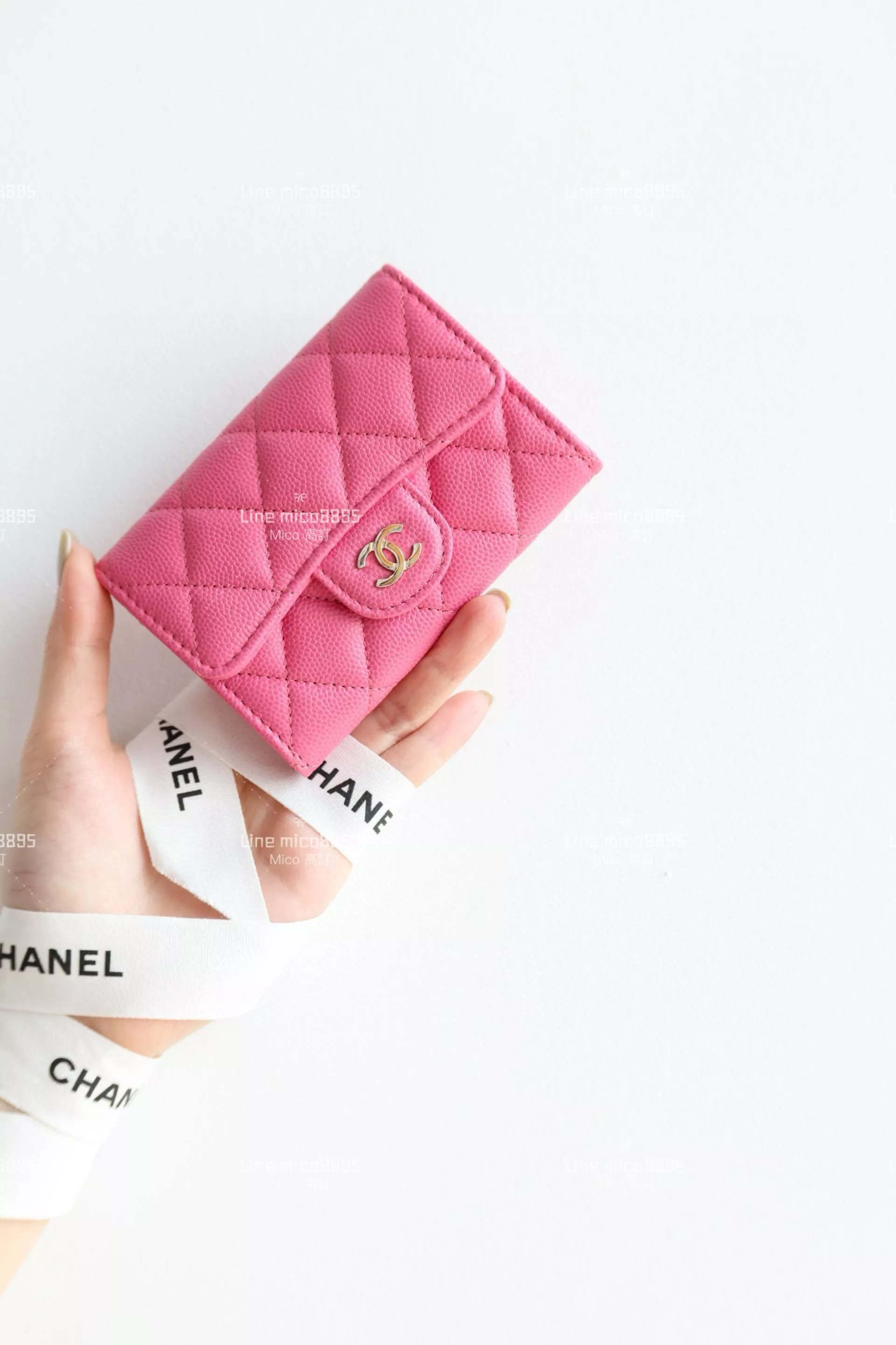 Chanel 經典CF系列 玫瑰紅 魚子醬小牛皮/金釦 卡包/零錢包