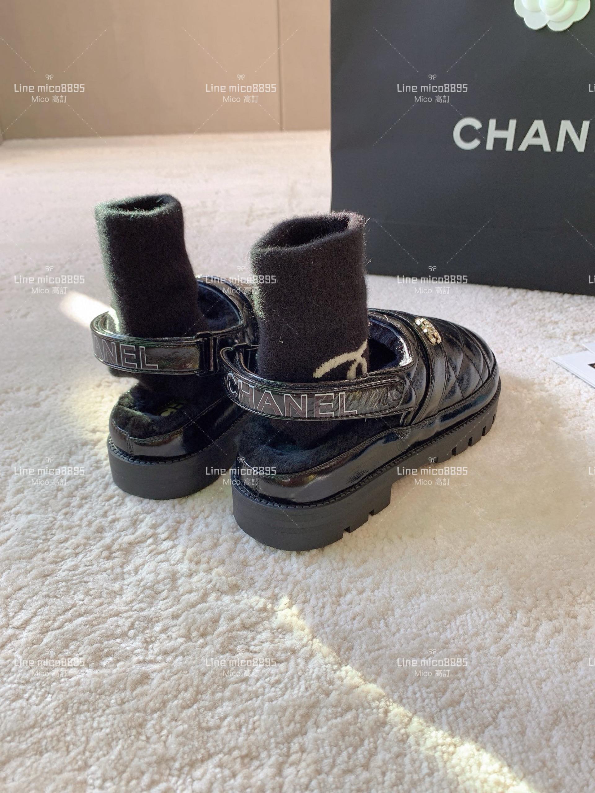 CHANEL 24ss 冬款 黑色油蠟皮泰迪熊毛毛拖鞋 包頭拖鞋 35-39