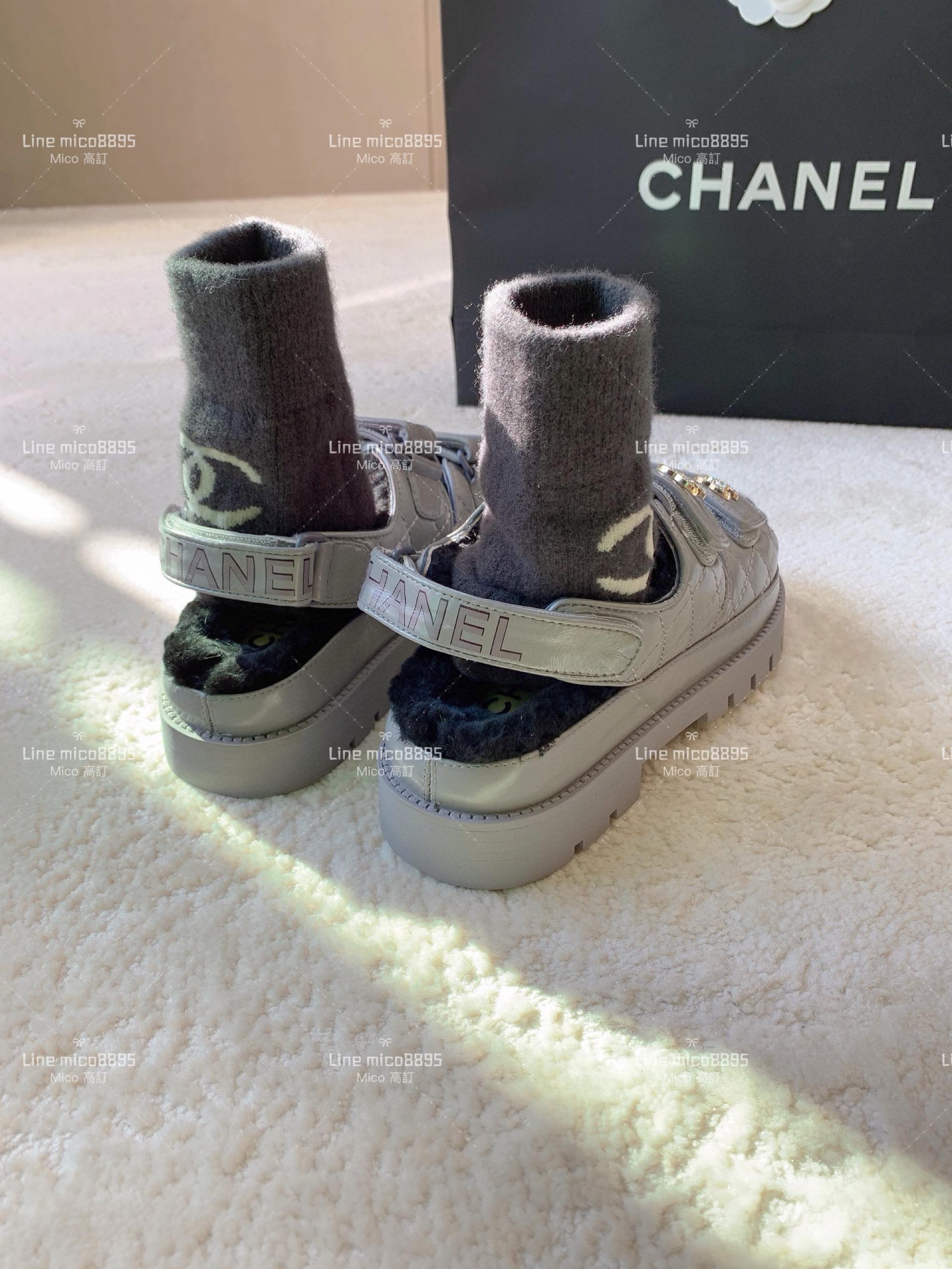 CHANEL 24ss 冬款 灰色油蠟皮 雙C水鑽魔術貼沙灘羊毛涼鞋 35-39