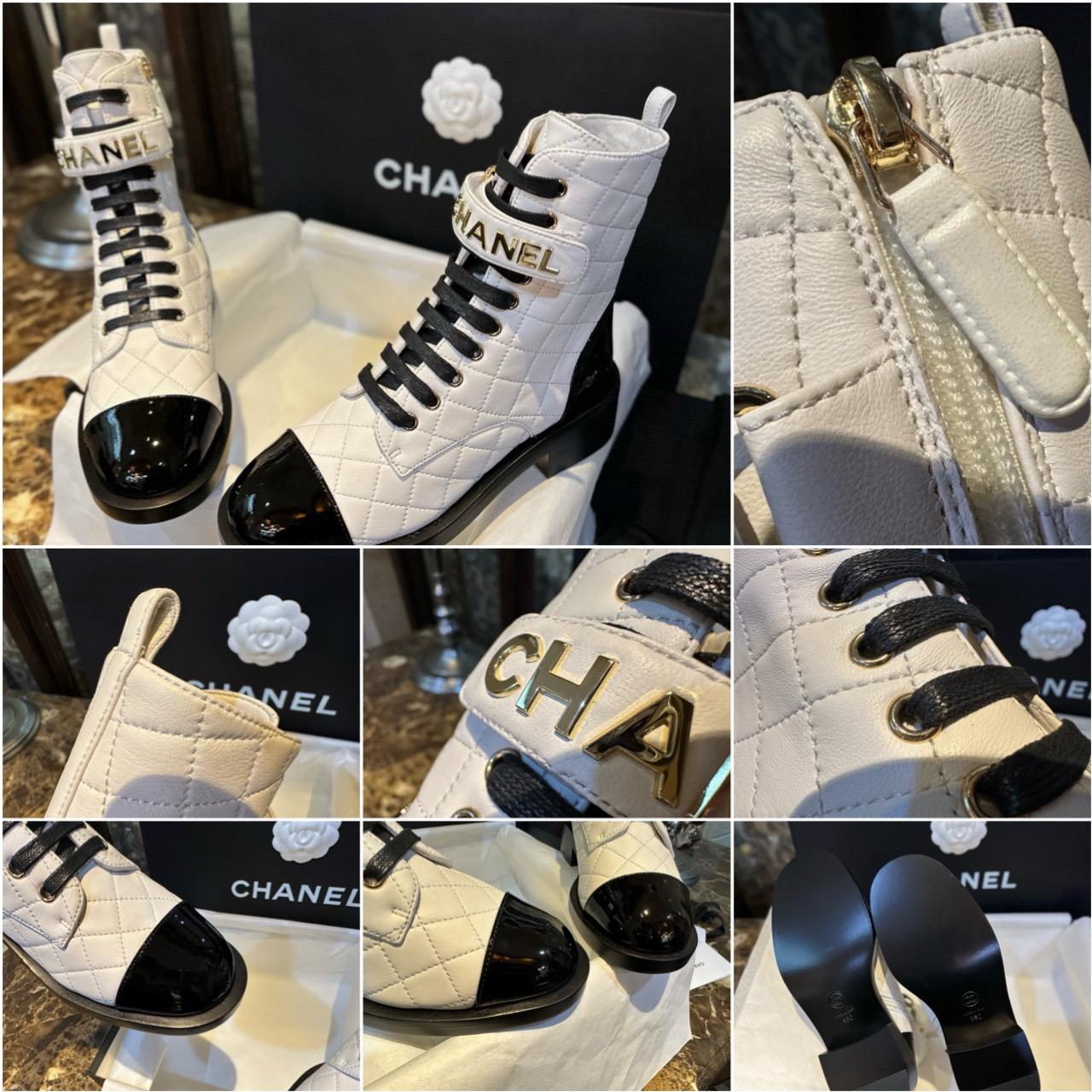 高訂款▫️CHANEL 𝟐𝟑𝐚 黑白配色羊皮字母機車靴 短靴 35-41