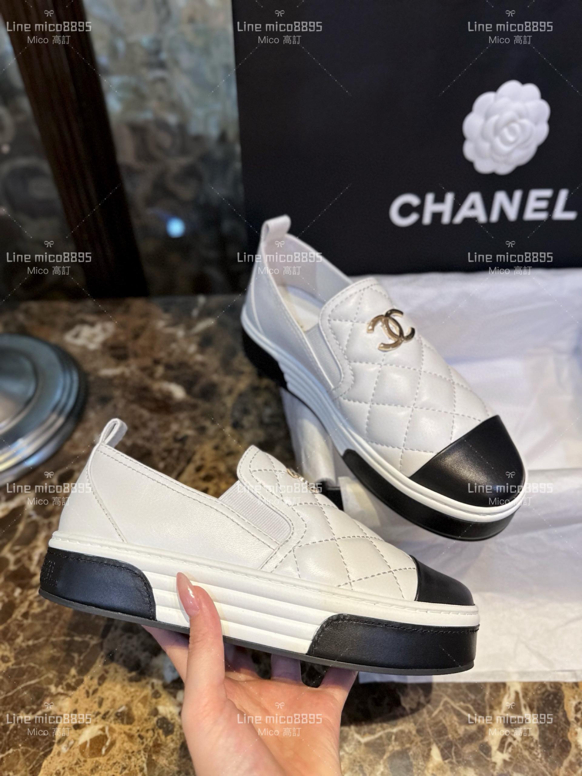 高訂款▫️CHANEL 𝟐𝟑𝐏 厚底黑白拼色小羊皮菱格樂福鞋 平底便鞋 35-41