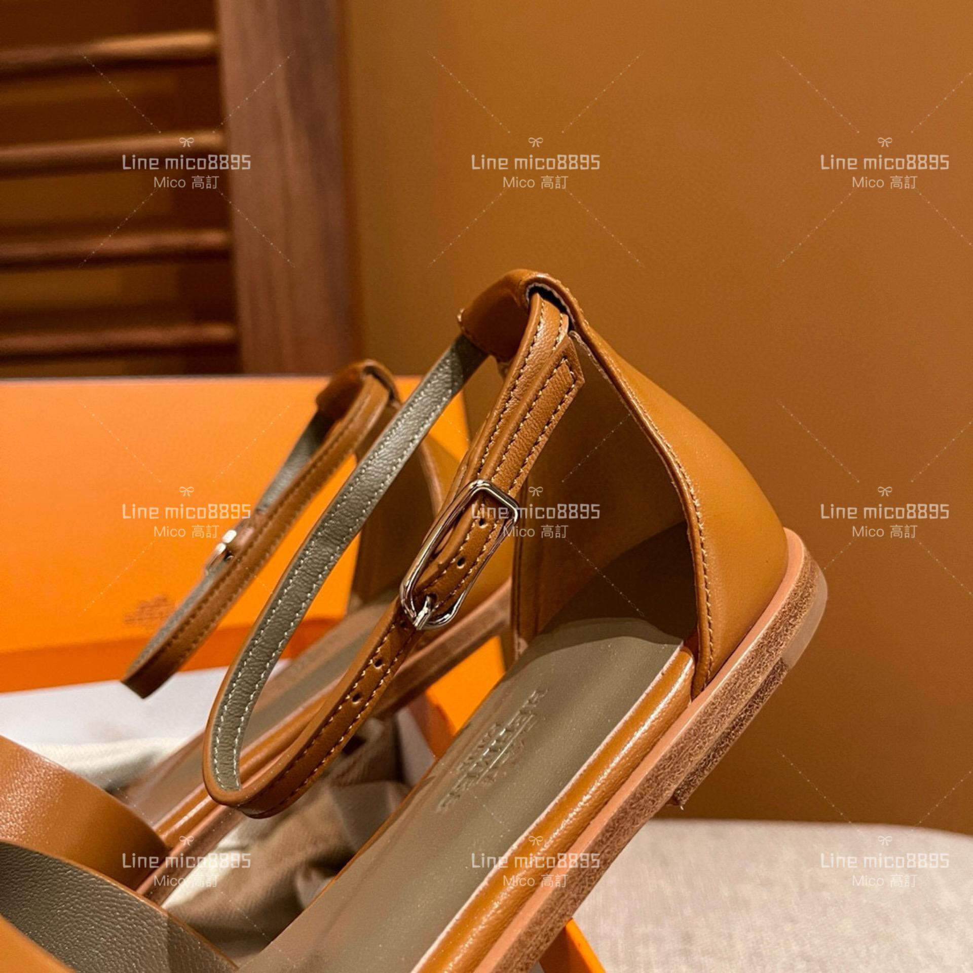 高訂款▫️ Hermes 愛馬仕 平紋 金棕色 Santorini涼鞋 繫帶平底涼鞋 H涼鞋 34-40