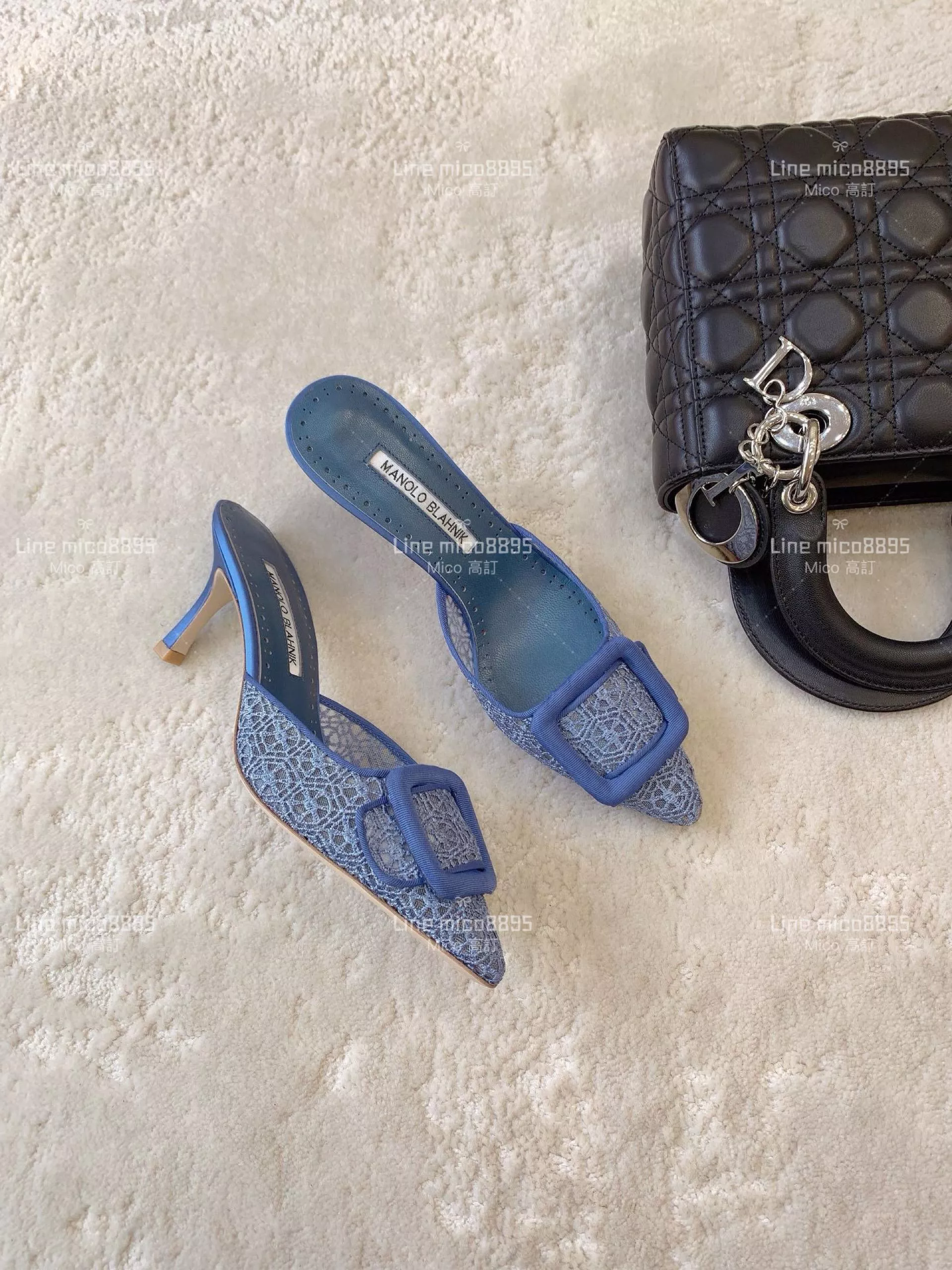 Manolo Blahnik 經典Maysale 系列 蕾絲面 牛仔藍 高跟涼鞋 拖鞋 跟鞋 跟高6.5cm 34-42
