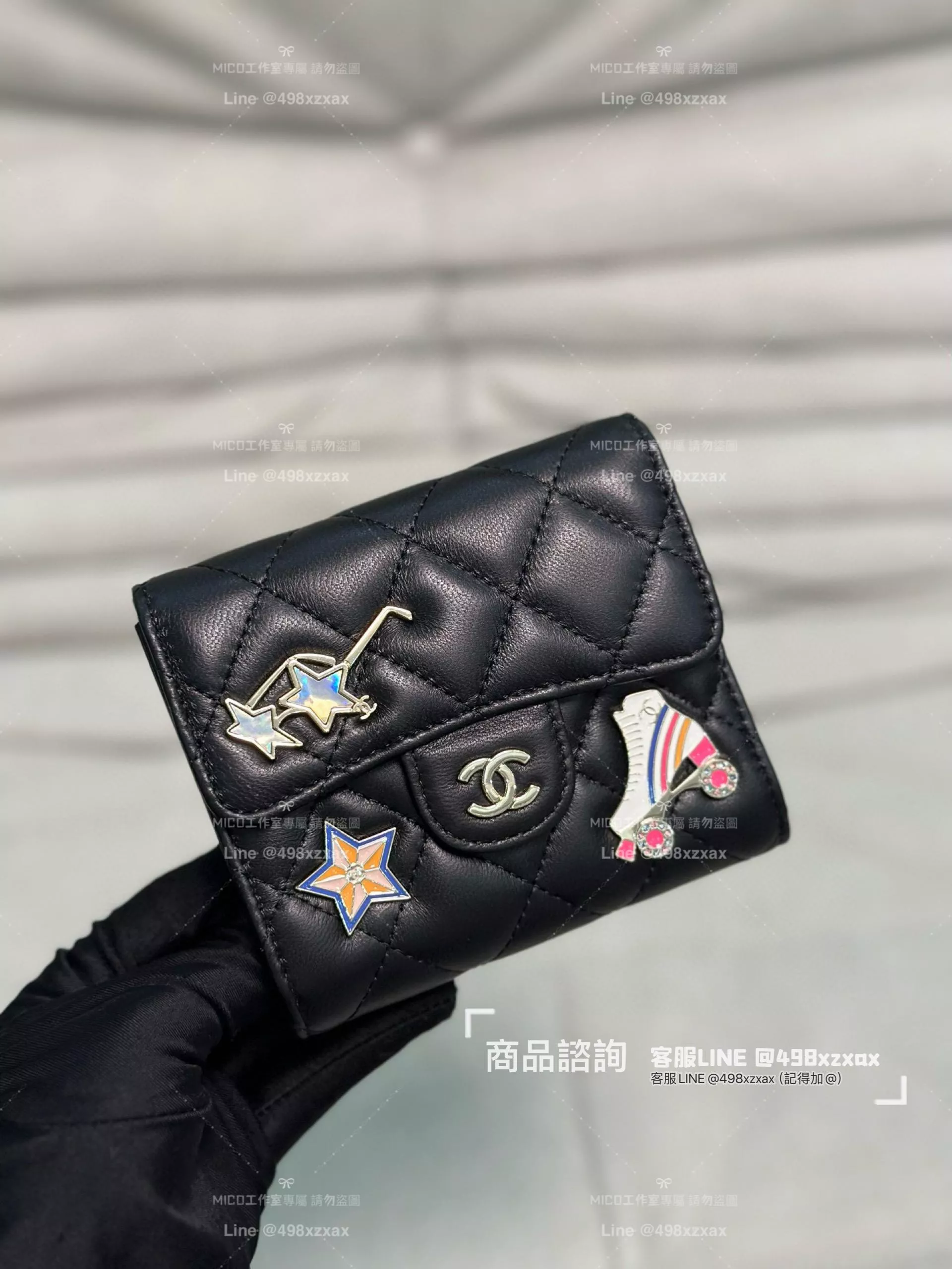 Chanel 24c新款 小羊皮淺金釦 星星裝飾三折錢夾 短夾 錢包
