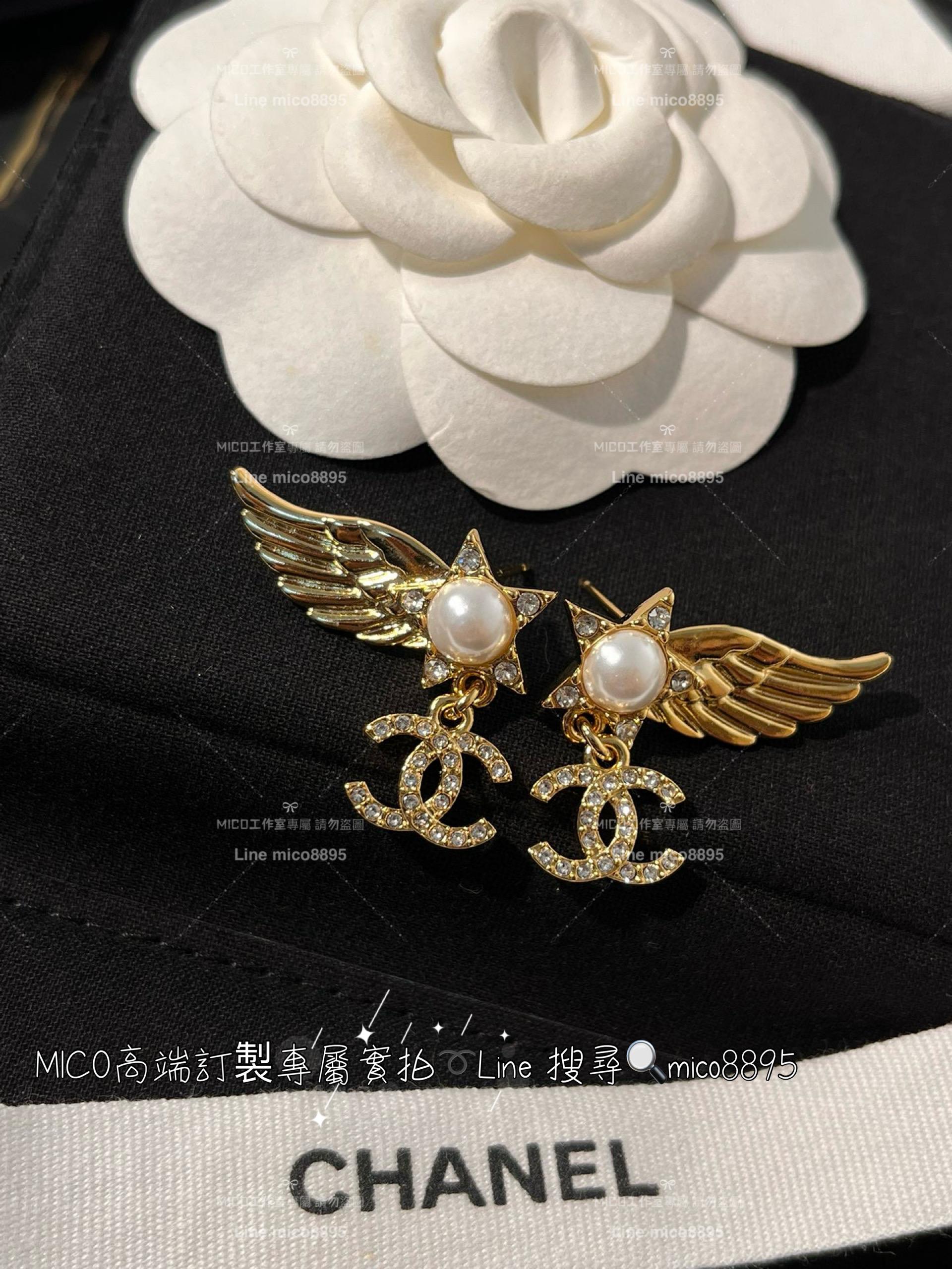 chanel vintage 金色立體翅膀五角星星珍珠耳環