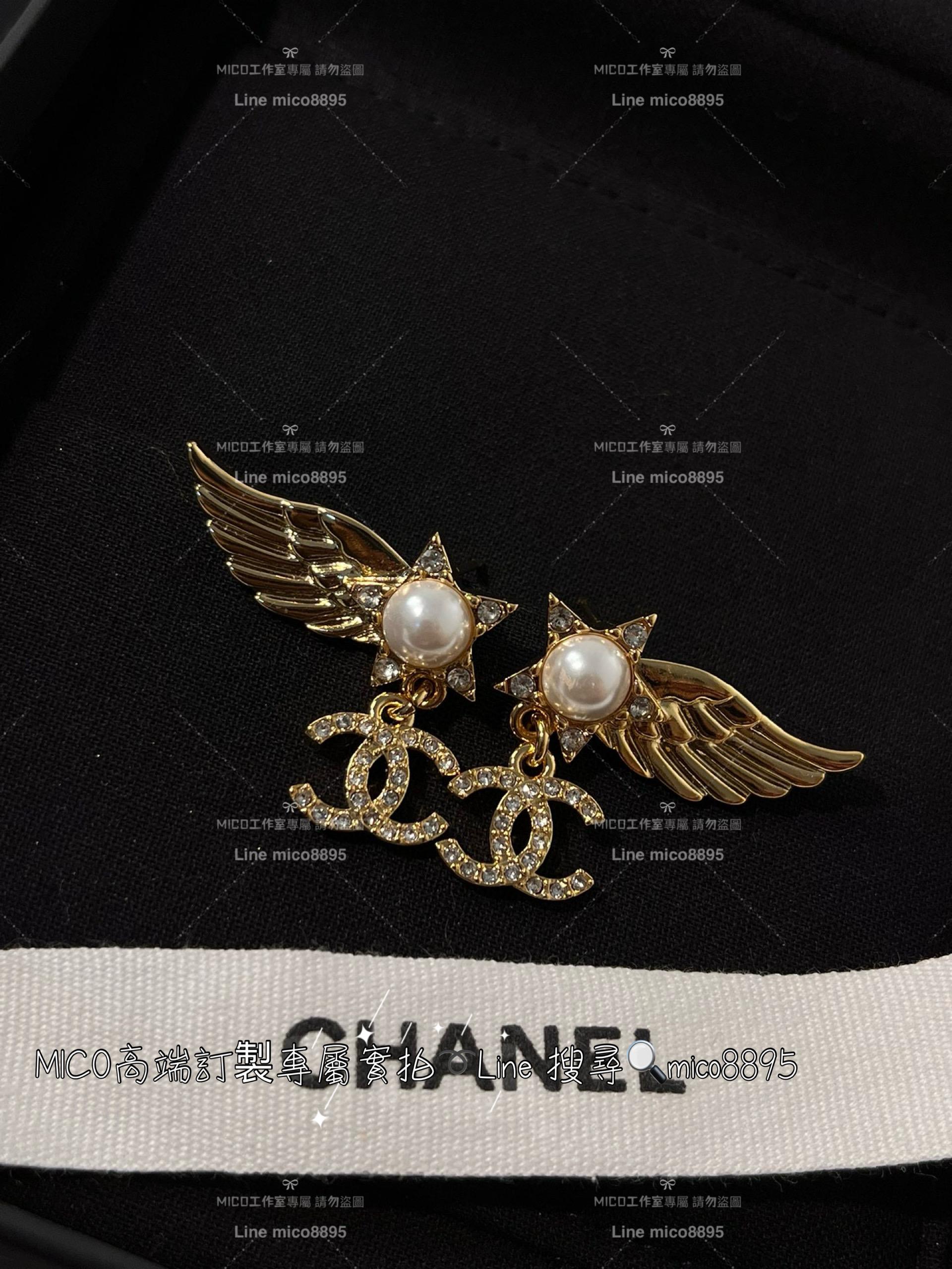 chanel vintage 金色立體翅膀五角星星珍珠耳環