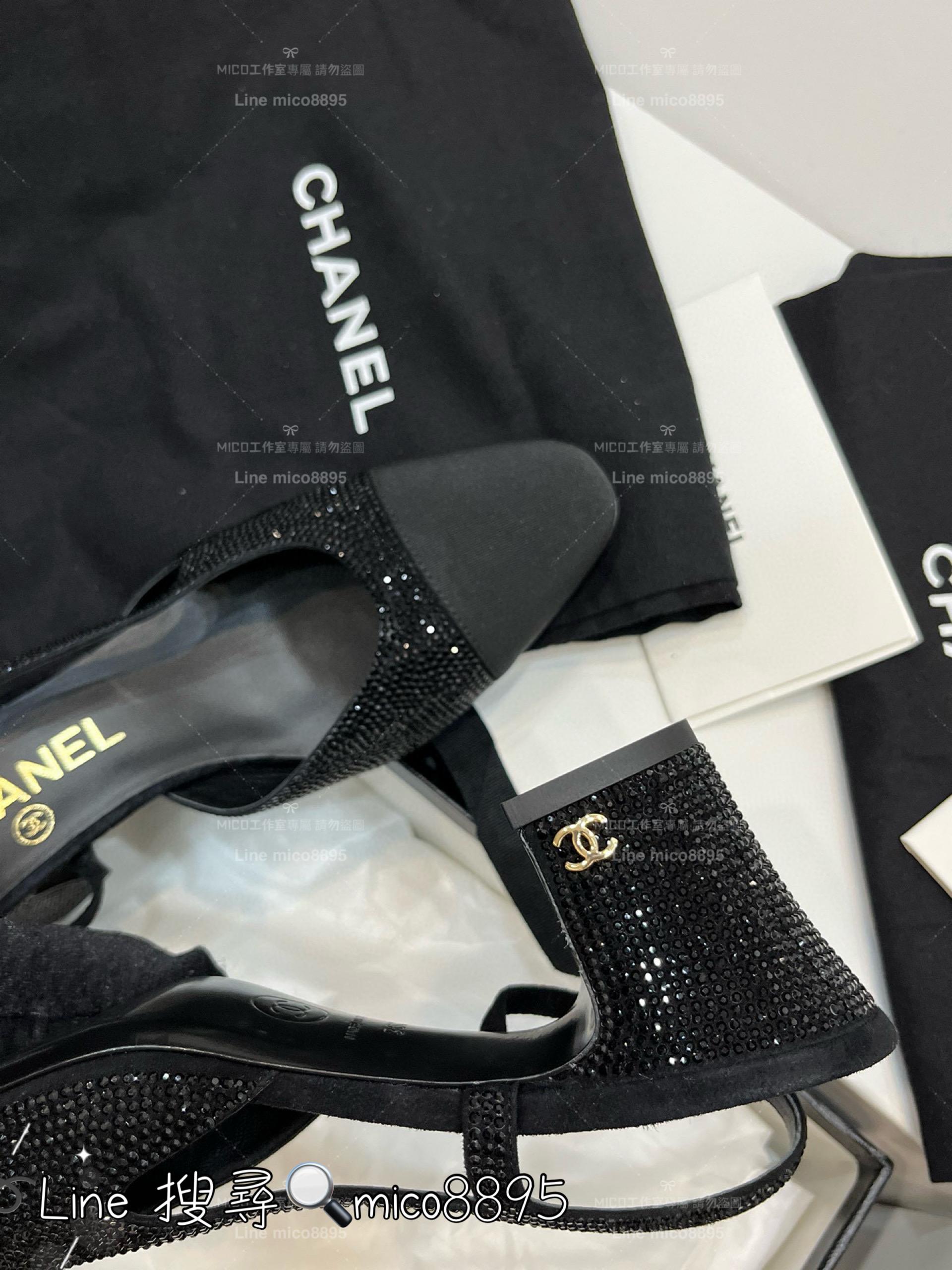 CHANEL 香奈兒 經典款 黑色水鑽拼布 包頭後空繫帶slingback系列涼鞋/跟鞋 粗跟 跟高6.5cm 35-40