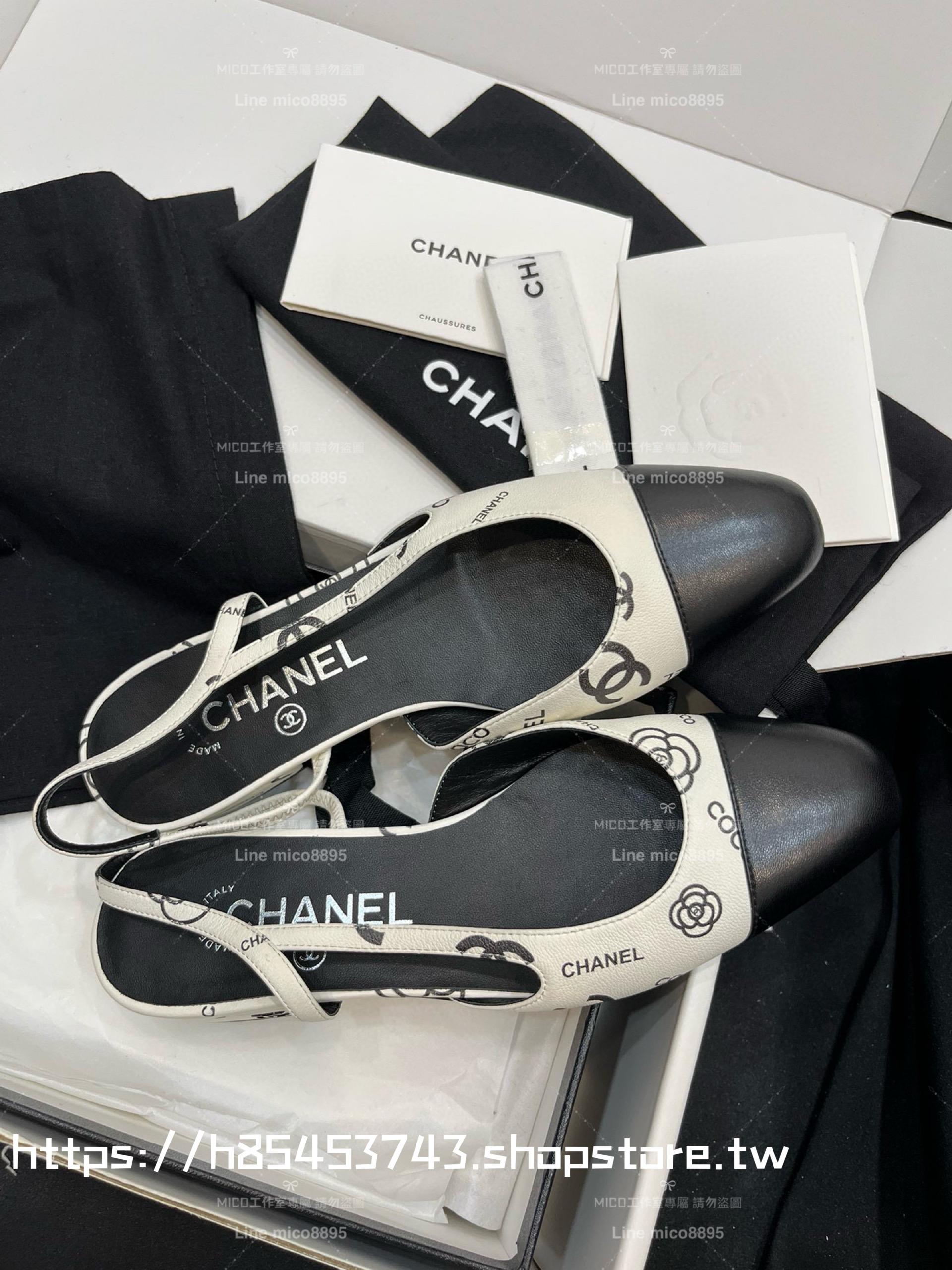 CHANEL 平底款 23p山茶花白底小羊皮 包頭後空繫帶 slingback系列涼鞋 女鞋 35-40