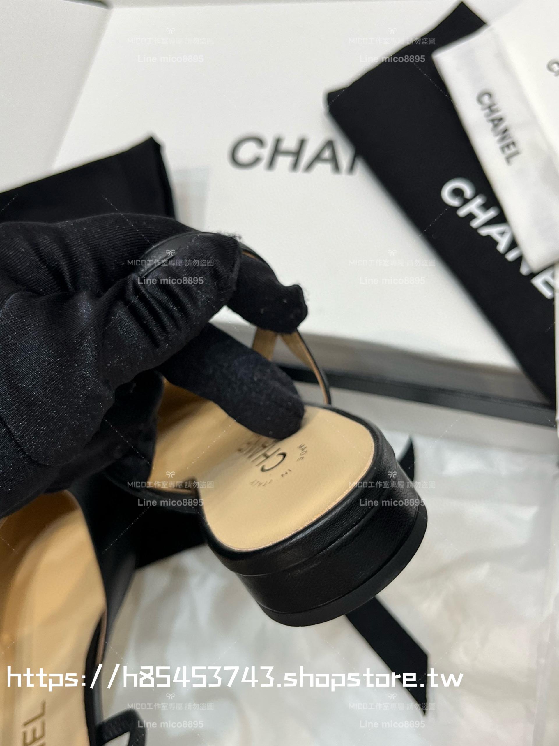 CHANEL 平底款 黑色小羊皮拼斜紋布包頭 後空繫帶 slingback系列涼鞋 女鞋 35-40