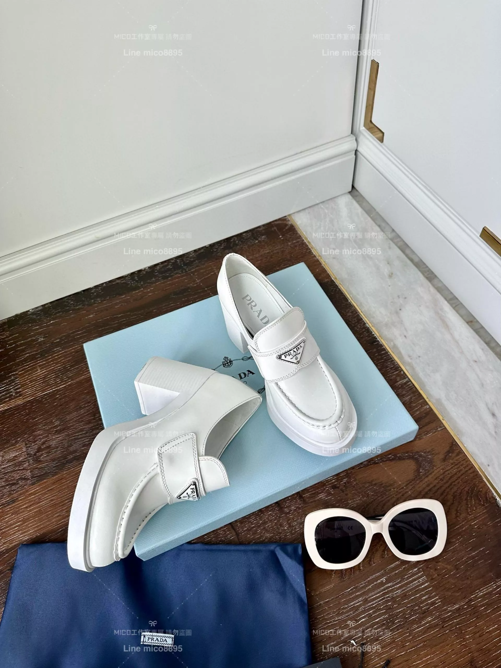 【Prada】復古英倫風格 倒三角厚底復古樂福鞋 白色高跟三角標 8.5cm 35-39(可訂製40)
