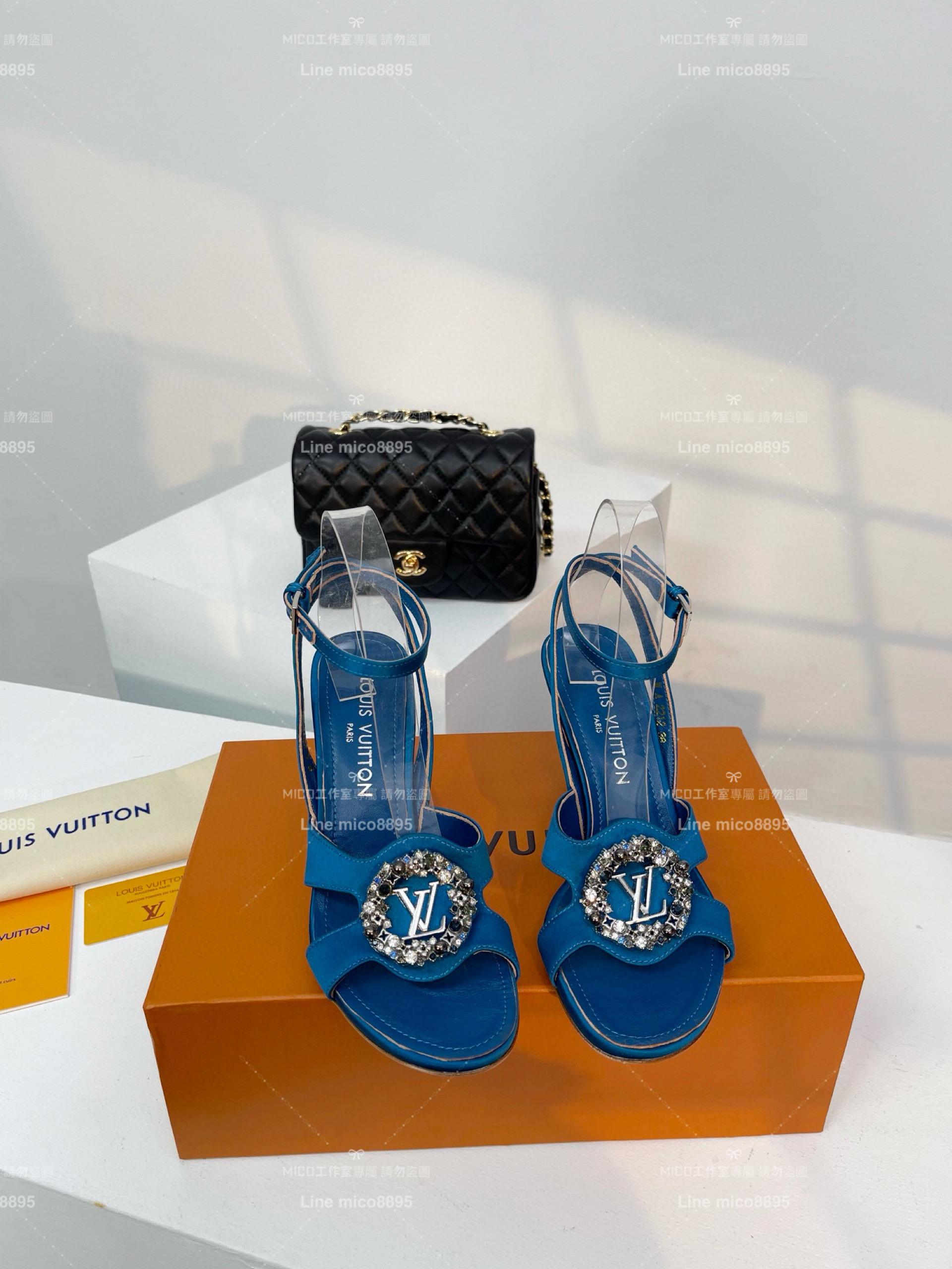 LV Met系列 藍色真絲鞋面 鞋頭水鑽/圓鑽釦 高跟涼鞋 女鞋 35-39（40、41、42定制不退換)