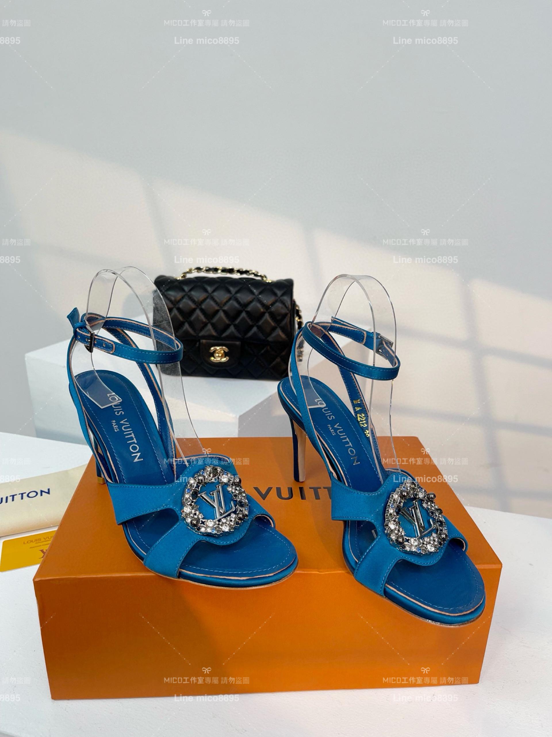 LV Met系列 藍色真絲鞋面 鞋頭水鑽/圓鑽釦 高跟涼鞋 女鞋 35-39（40、41、42定制不退換)
