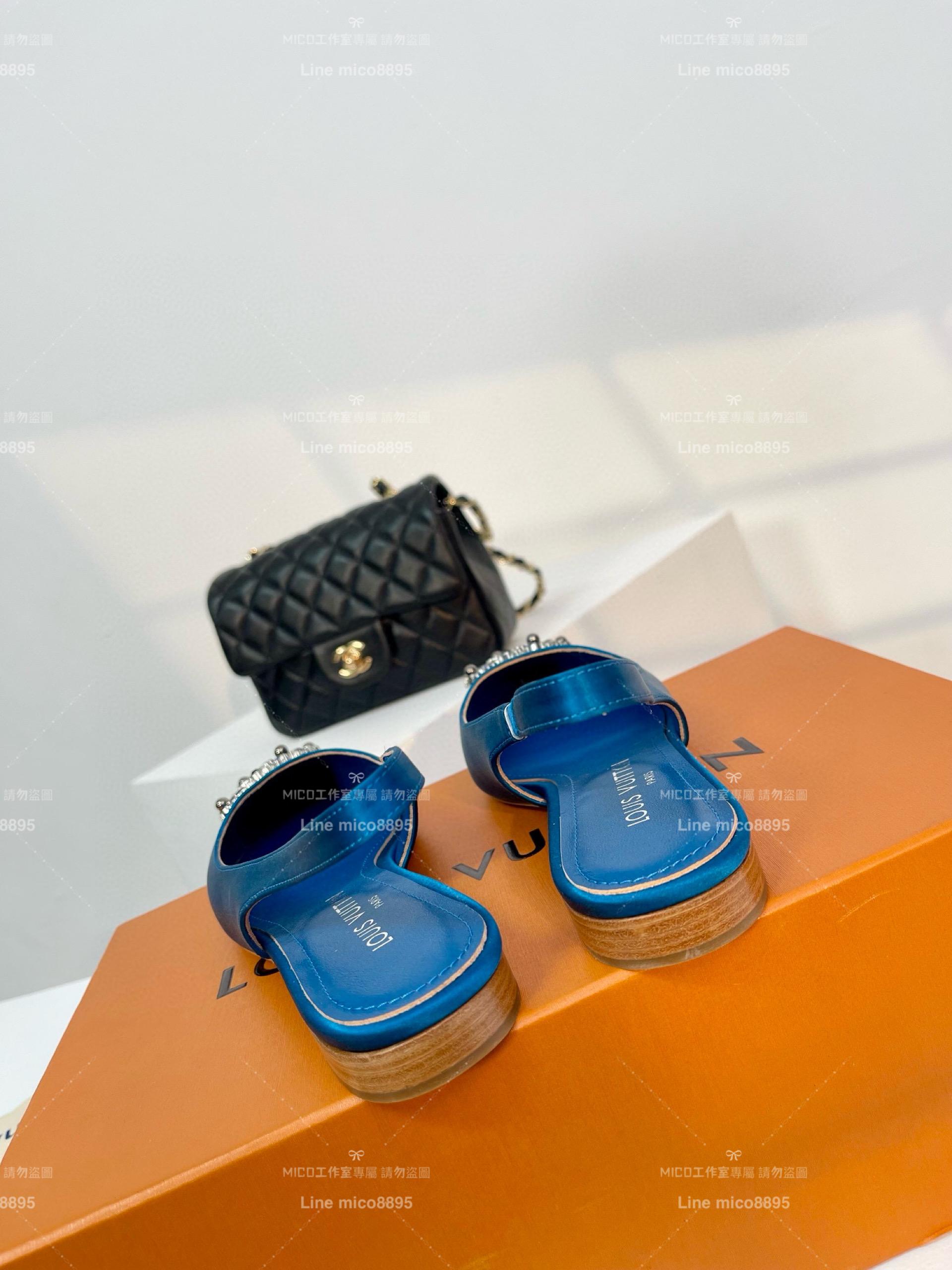 LV Met系列 藍色真絲鞋面 繫帶涼鞋 鞋頭水鑽/圓鑽釦 尖頭平底涼鞋 單鞋 35-39（40、41、42定制不退換)