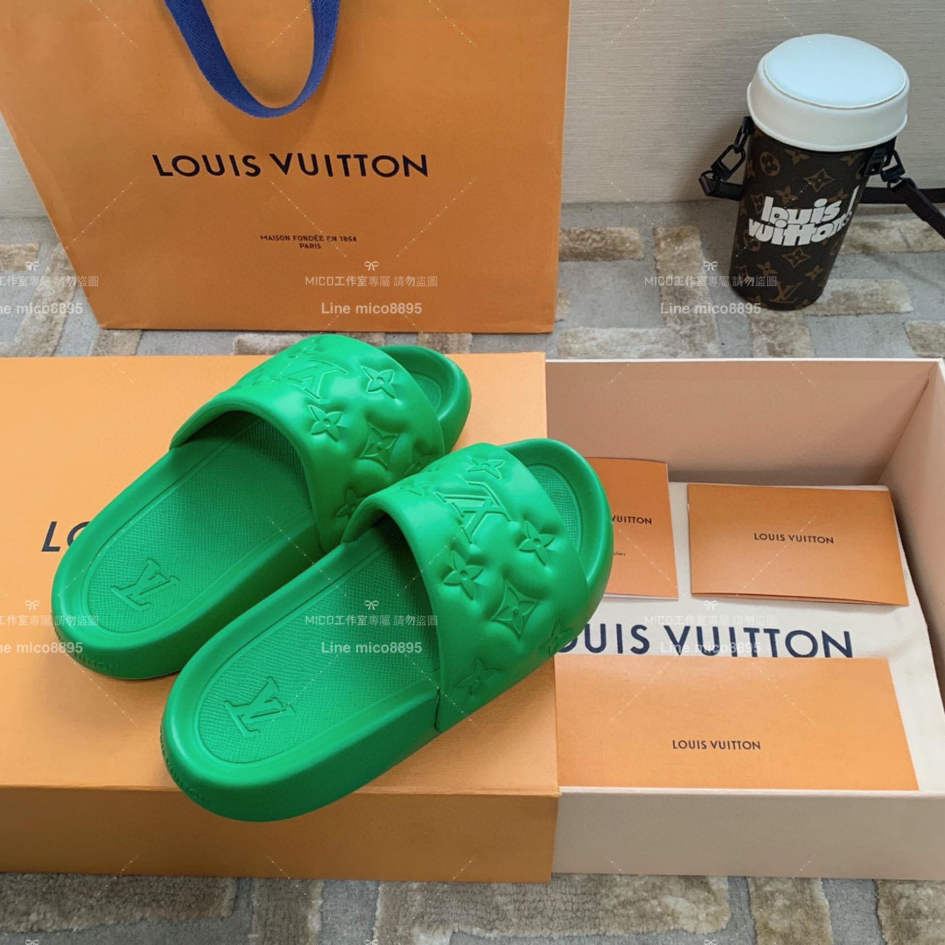 LV  Louis Vuitton ｜情侶款 🧑‍🤝‍🧑 Waterfront系列 綠色老花壓紋款 沙灘拖鞋 36-45