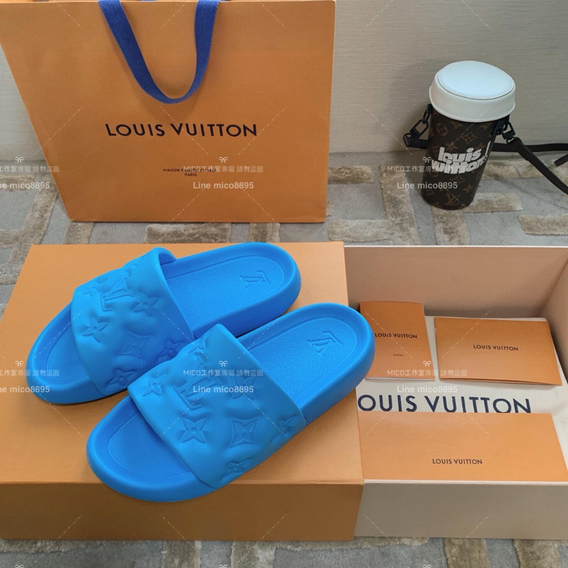 LV  Louis Vuitton ｜情侶款 🧑‍🤝‍🧑 Waterfront系列 藍色老花壓紋款 沙灘拖鞋 36-45