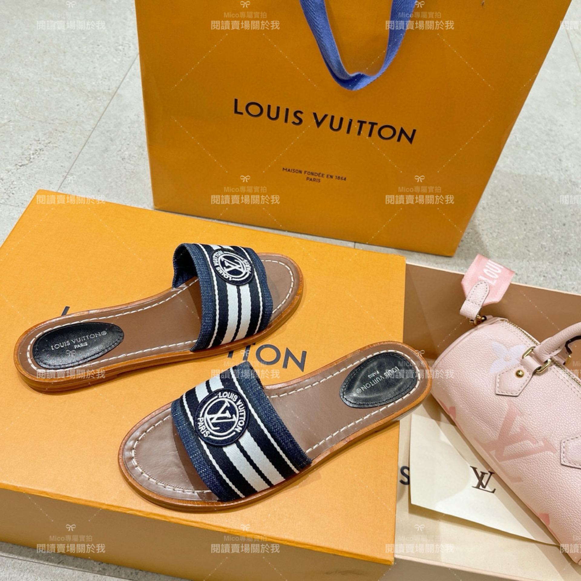 LV  Louis Vuitton ｜LOCK IT 牛仔藍 條紋度假風格平底拖鞋 35-40