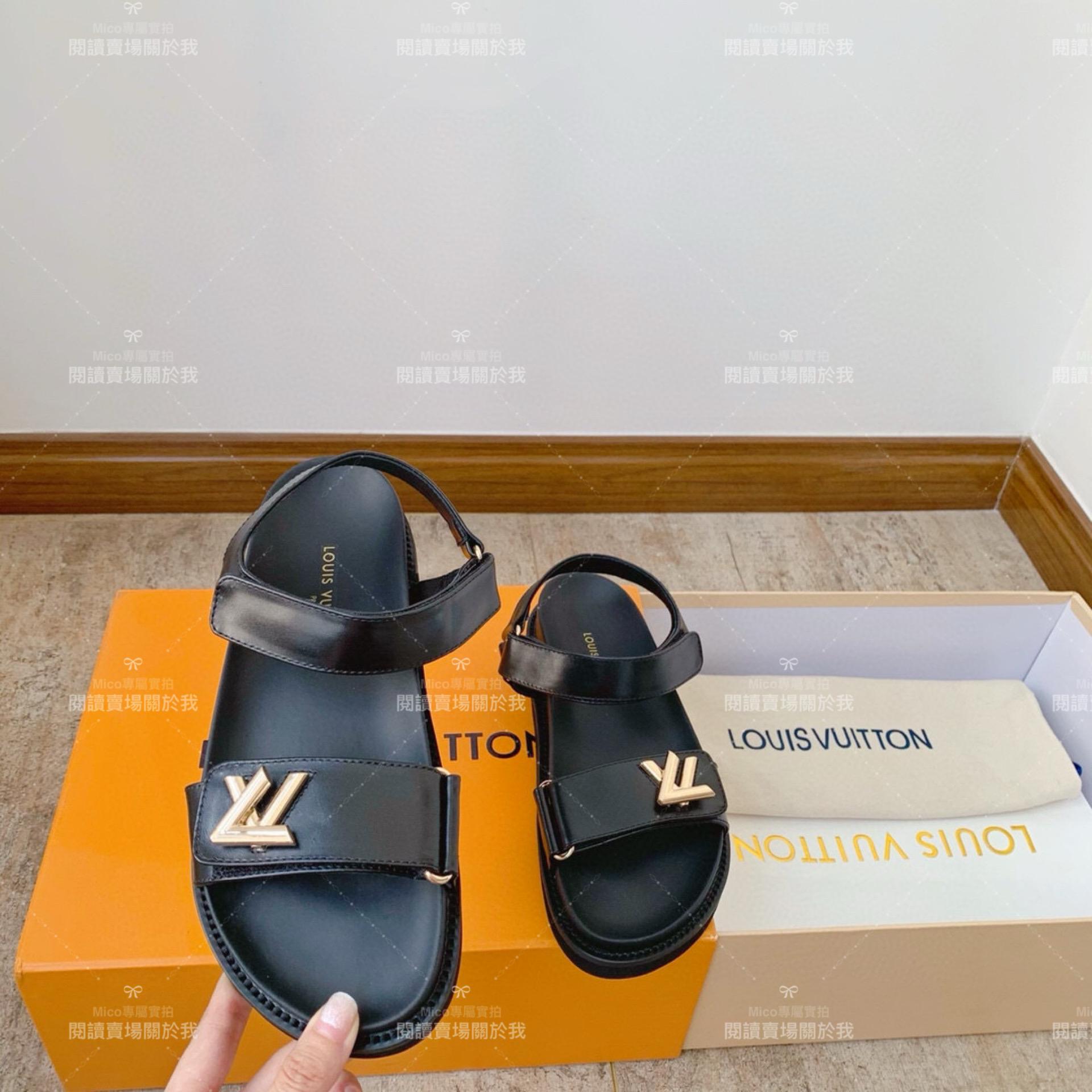 LV  Louis Vuitton ｜Sunset comfort系列 黑色皮革平底涼鞋 35-40