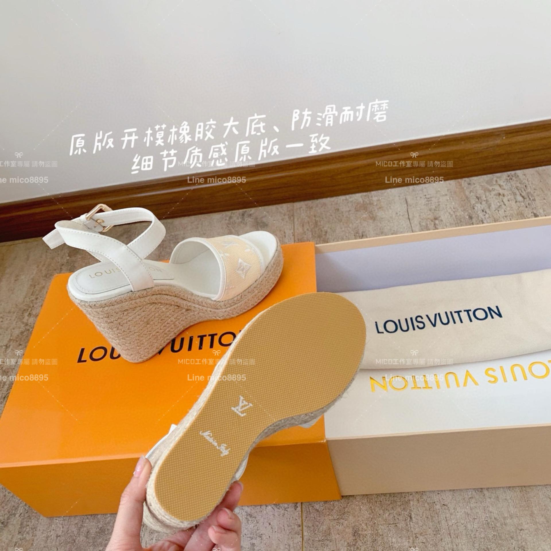 LV Starboard 系列 米白色拉菲草 楔形鞋/厚底坡跟涼鞋 35-40