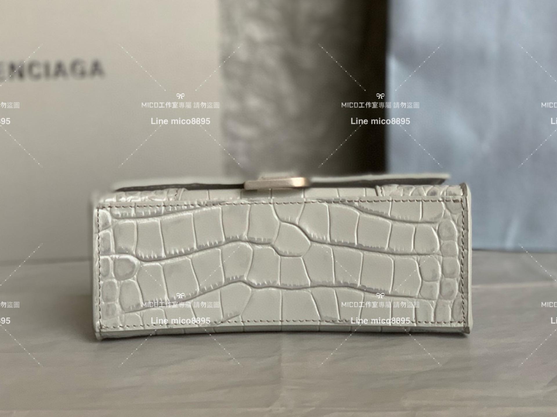 Balenciaga 灰色銀釦 鱷魚壓紋皮革 搭配小羊皮內裏 沙漏包 XS 19cm