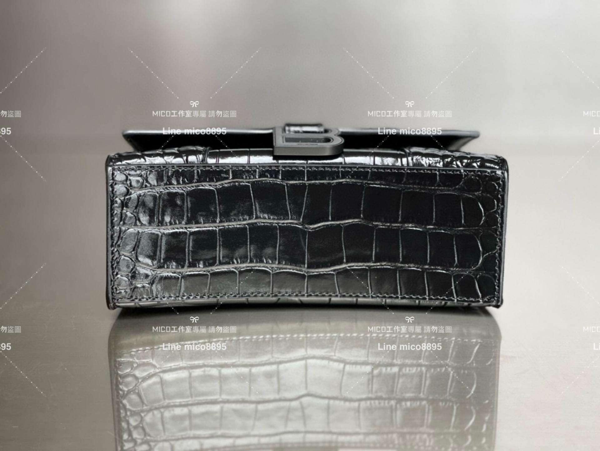Balenciaga All Black 鱷魚壓紋皮革 搭配小羊皮內裏 沙漏包 XS 19cm