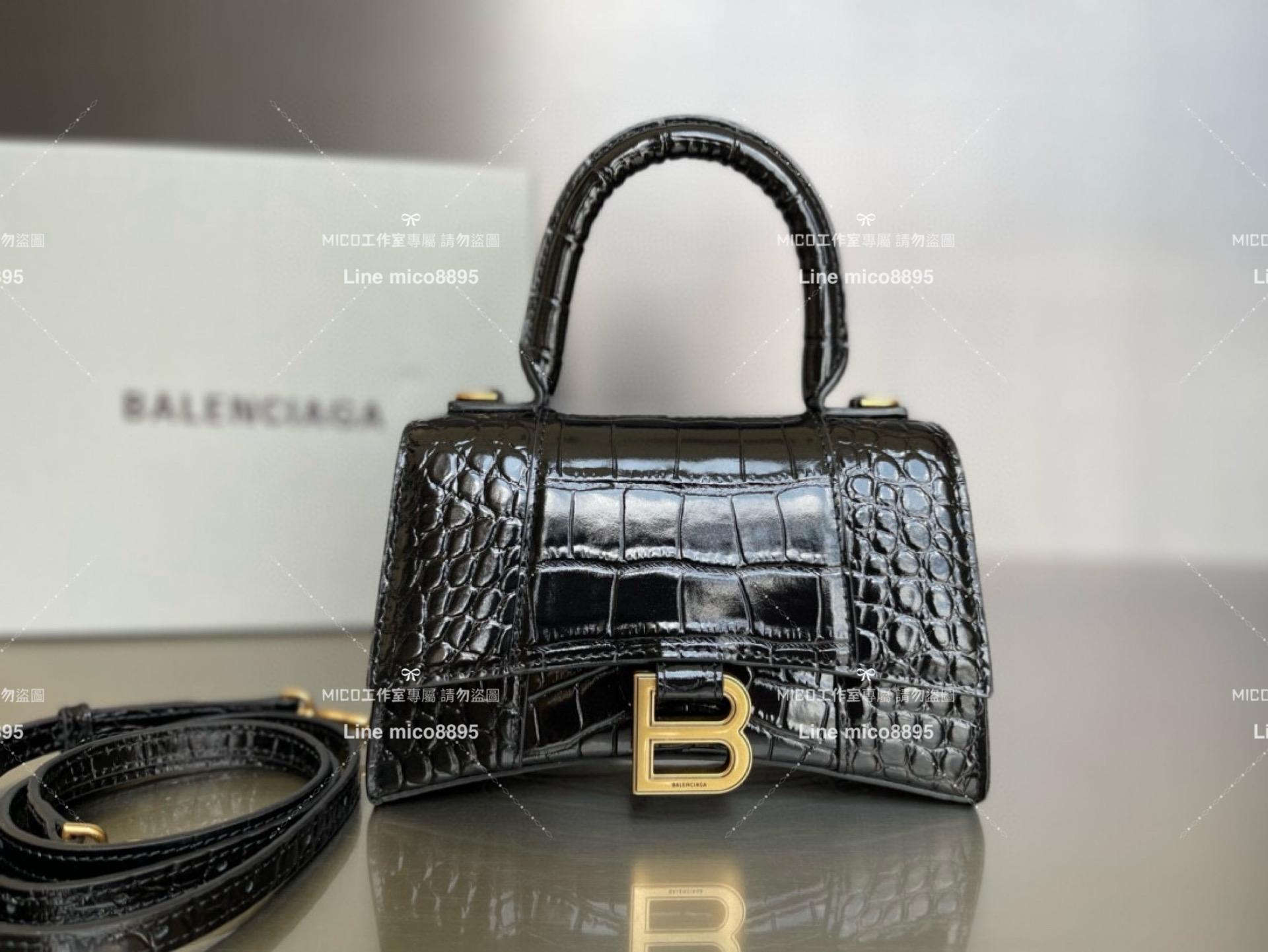 Balenciaga 黑色金釦 鱷魚壓紋皮革 搭配小羊皮內裏 沙漏包 XS 19cm