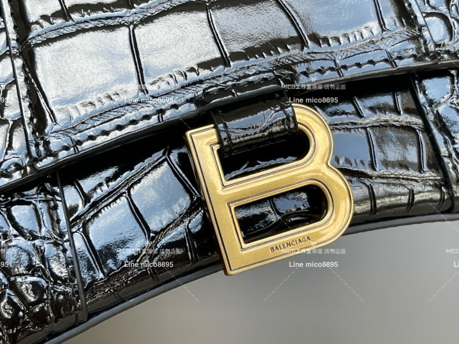 Balenciaga 黑色金釦 鱷魚壓紋皮革 搭配小羊皮內裏 沙漏包 XS 19cm
