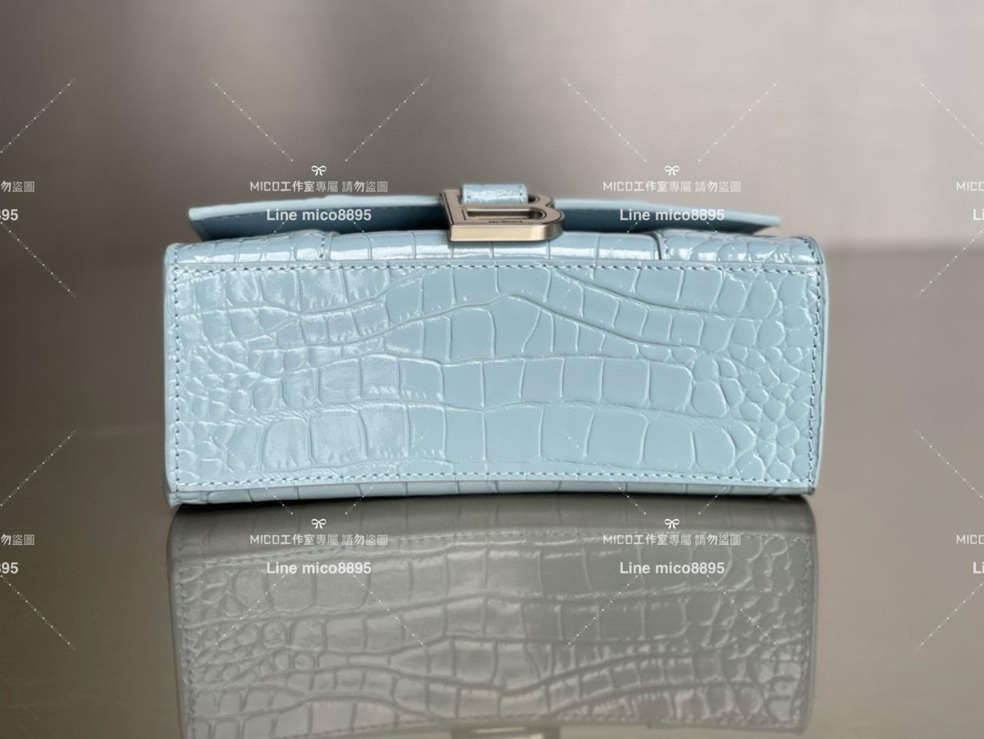 Balenciaga 霧霾藍銀釦 鱷魚壓紋皮革 搭配小羊皮內裏 沙漏包 XS 19cm