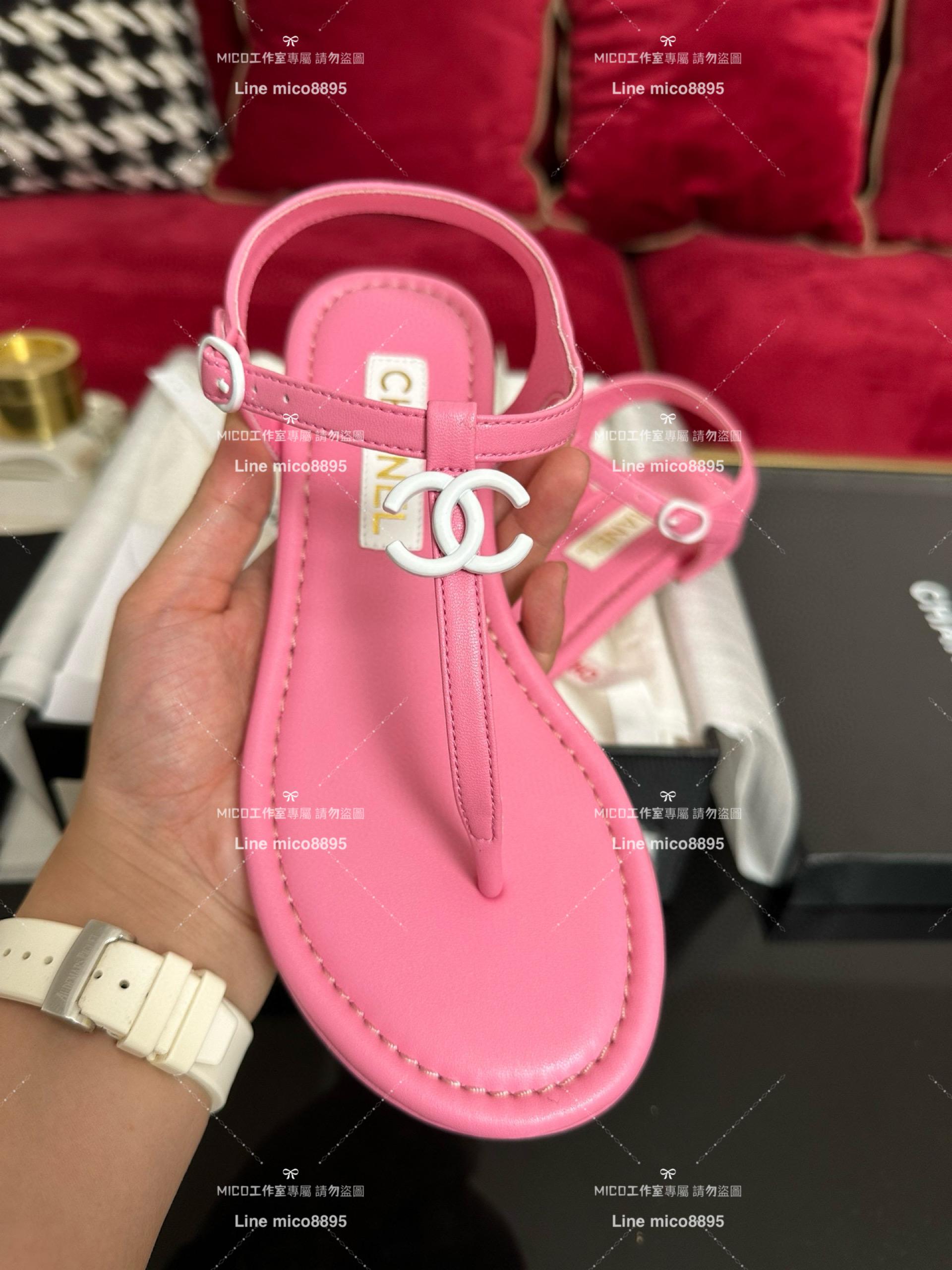 CHANEL 香奈兒 春夏 芭比粉 雙C真皮夾腳涼鞋 35-40