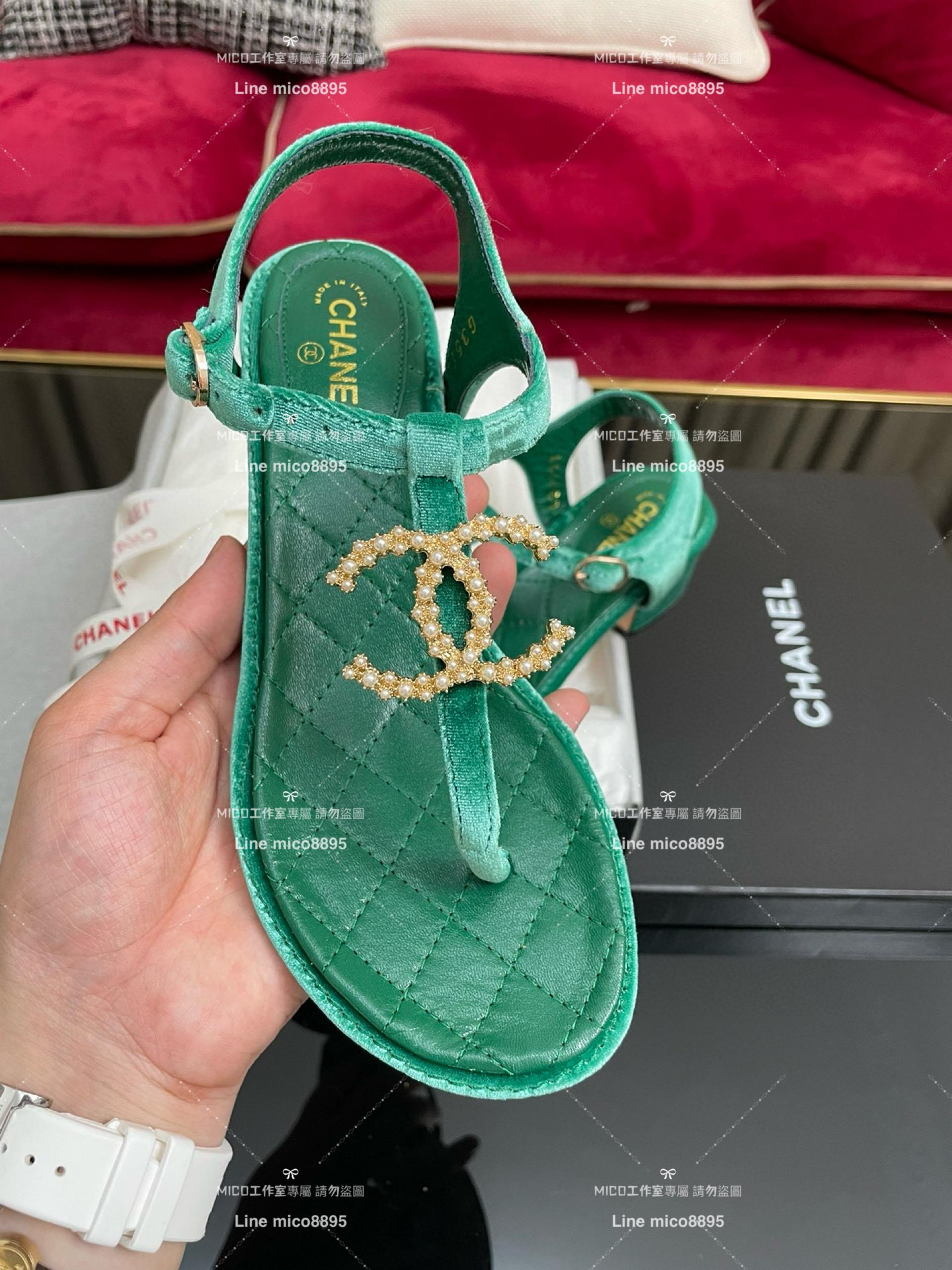 CHANEL 香奈兒 春夏 絨面綠色 真皮夾腳涼鞋 35-40