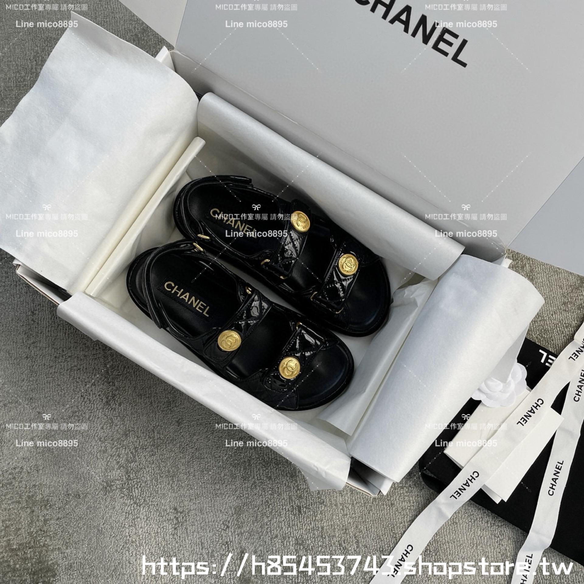 CHANEL 小香 23K新色 金幣漆皮款 魔鬼氈/魔術貼 沙灘涼鞋 35-40