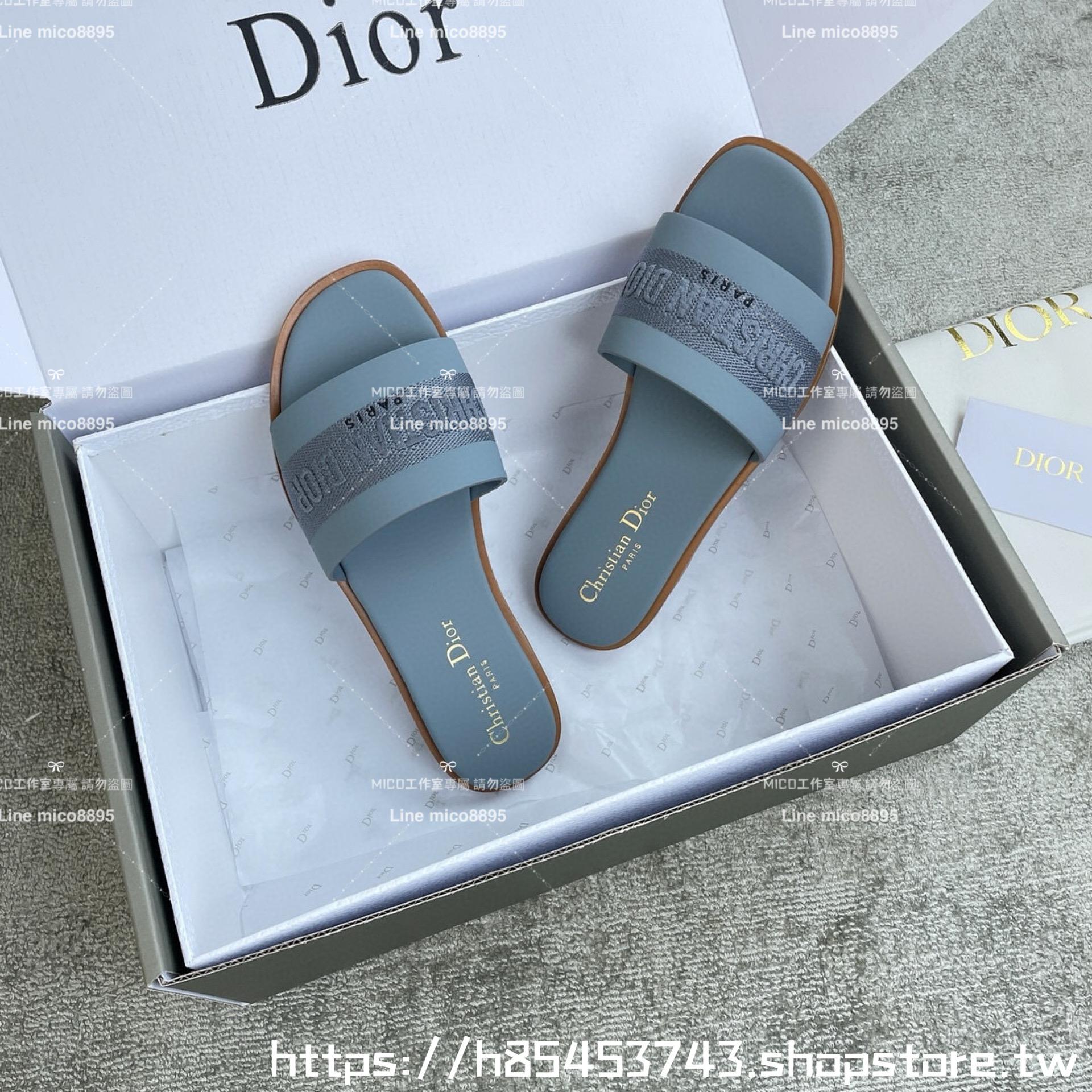 Dior 迪奧 藍色 全皮拼接刺繡平底字母拖鞋 女鞋 鞋碼：35-39 （40 41 42定制不退換）
