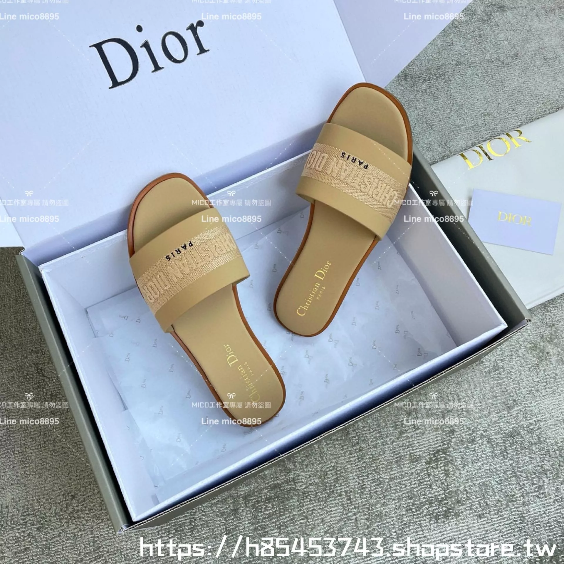 Dior 迪奧 米色 全皮拼接刺繡平底字母拖鞋 女鞋 鞋碼：35-39 （40 41 42定制不退換）