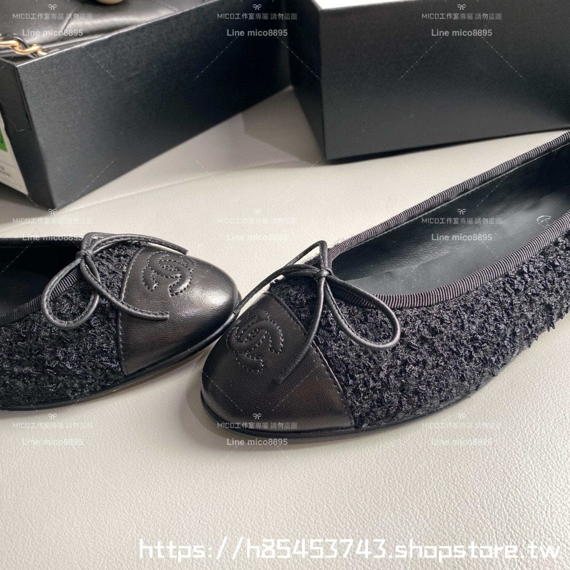 CHANEL 小香 經典款芭蕾舞鞋 呢料黑拼皮 平底鞋/女鞋 Size：35-39（34.40.41.42定做不退换）