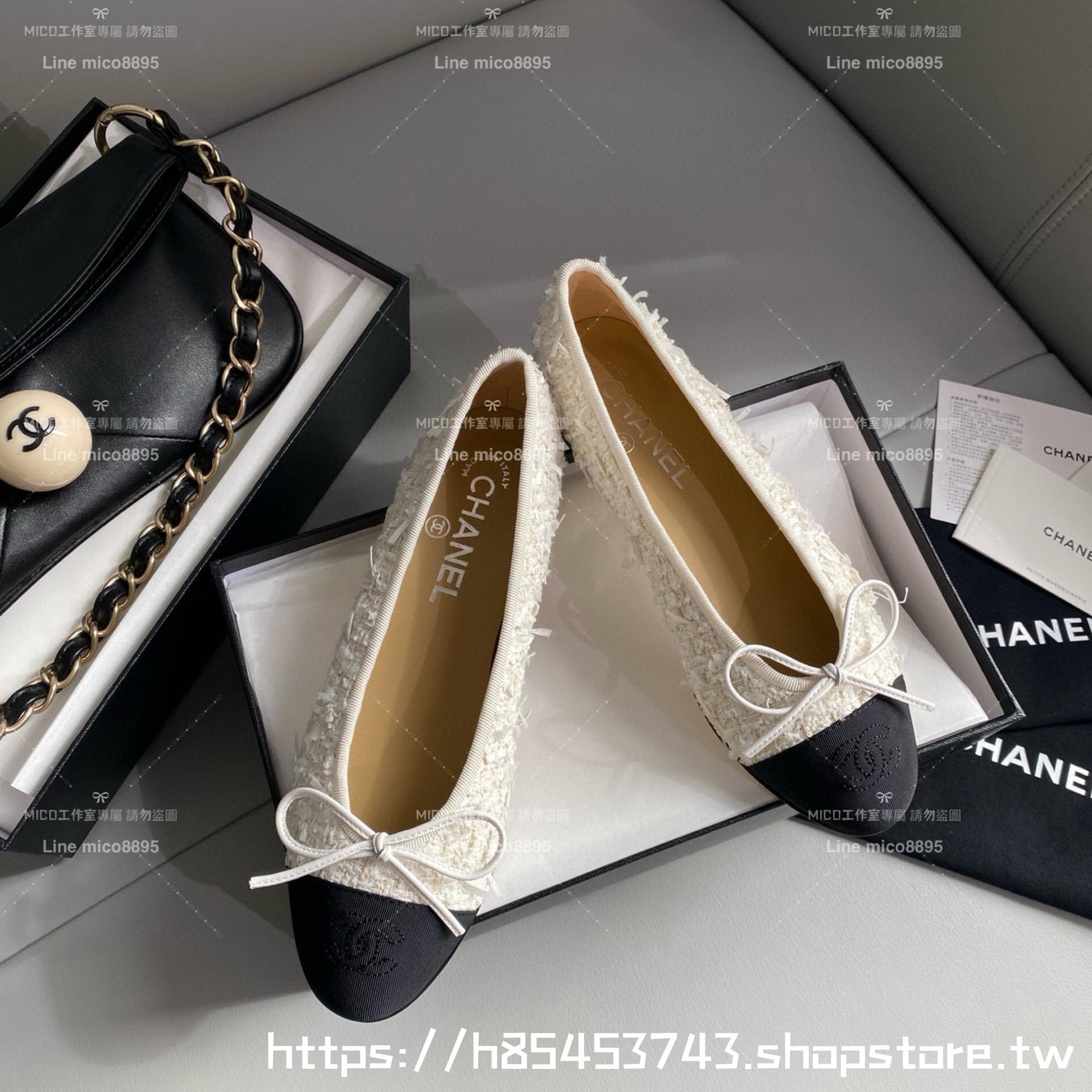 CHANEL 小香 經典款芭蕾舞鞋 呢料白拼布 平底鞋/女鞋 Size：35-39（34.40.41.42定做不退换）