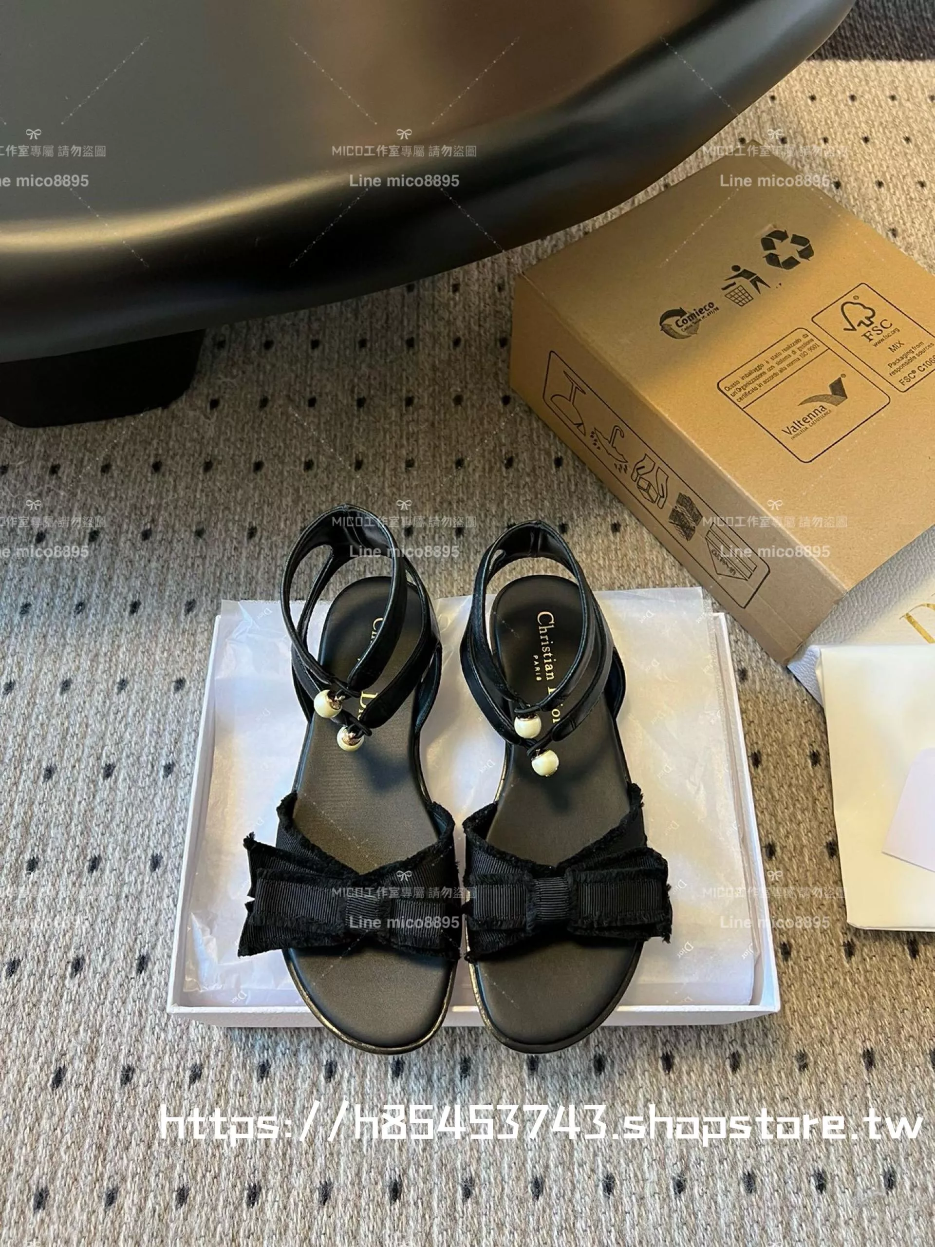 Dior 迪奧｜24/ 新款 黑色 蝴蝶結珍珠繞帶平底涼鞋 35-40