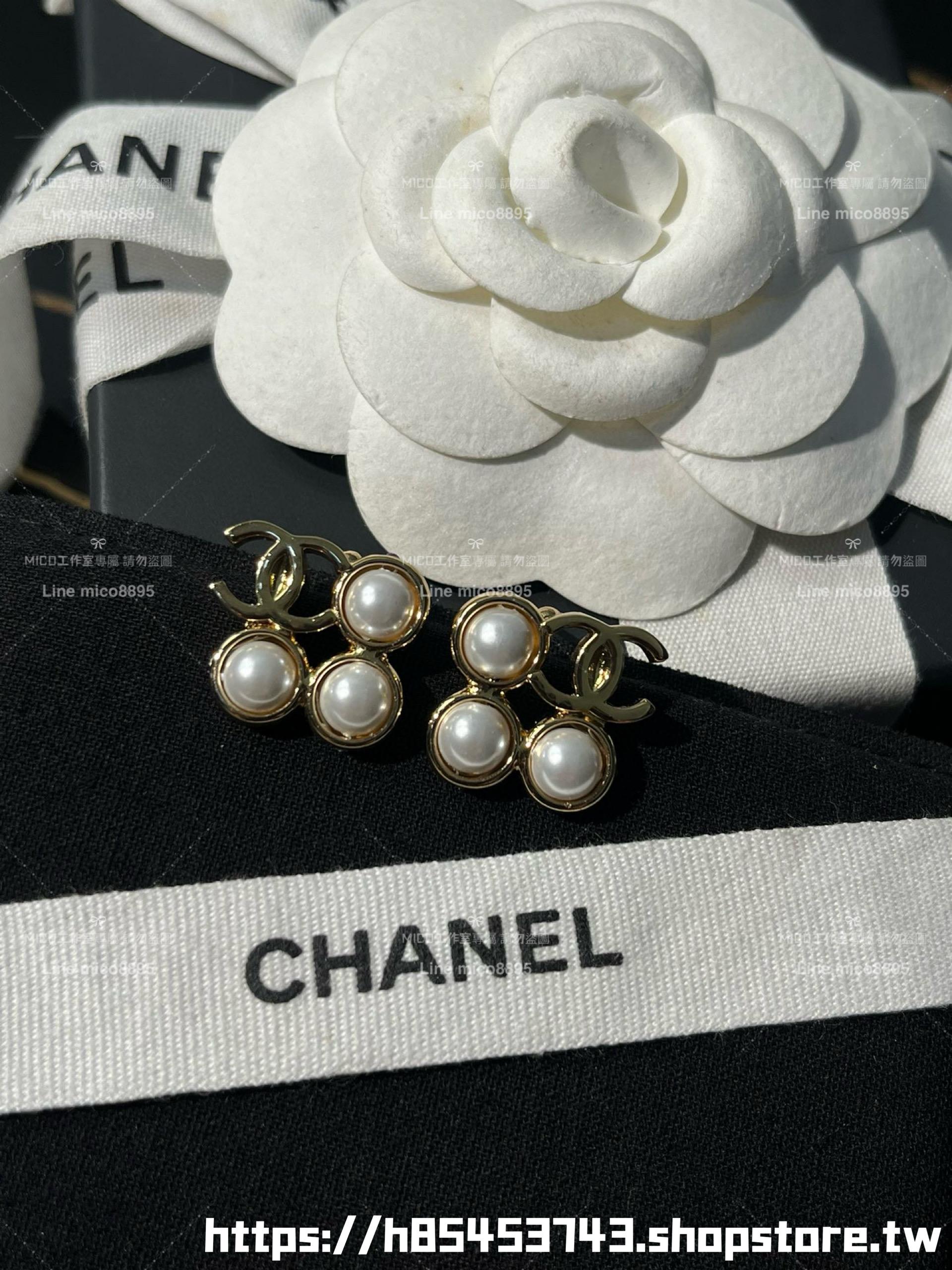 Chanel 小香 珍珠款 滾動透明珠珠雙C金屬水波紋耳環