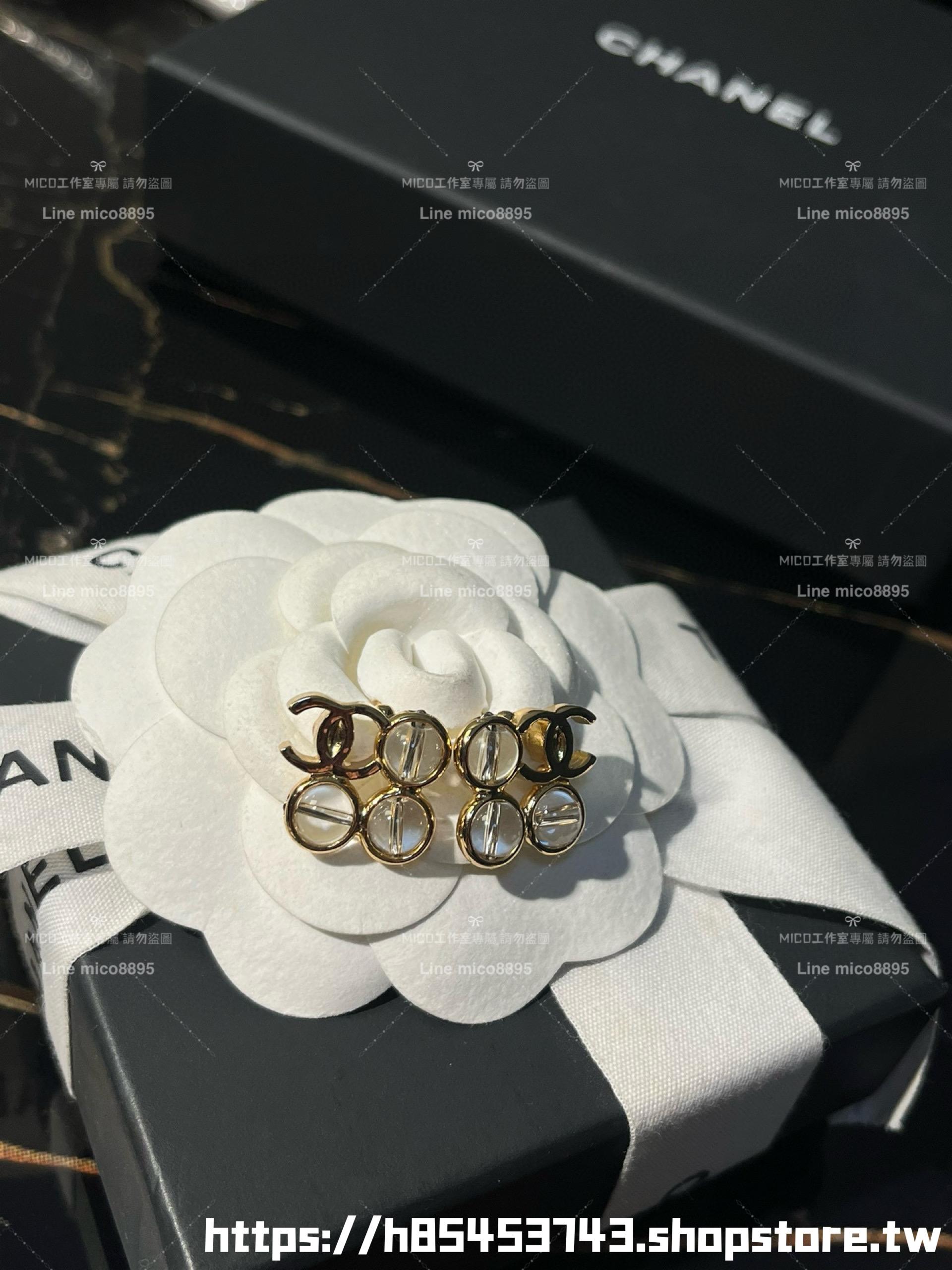 Chanel 小香 透明款 滾動透明珠珠雙C金屬水波紋耳環