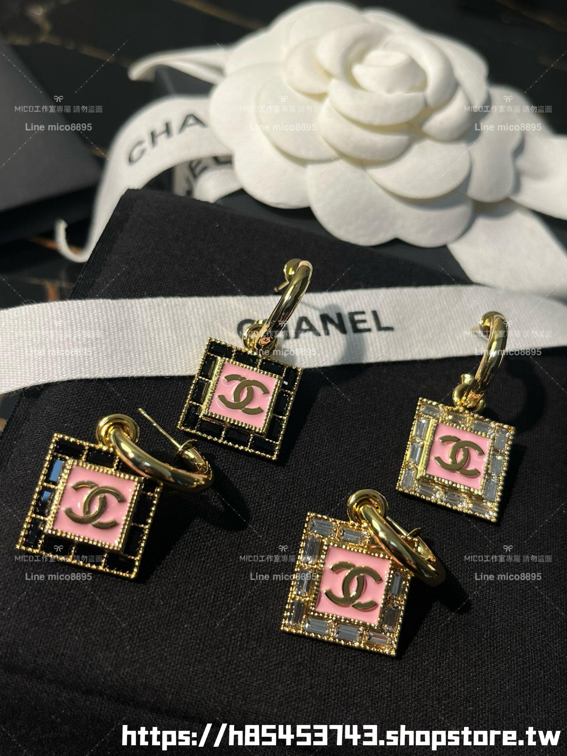 Chanel 小香 粉色琺瑯黑鑽/白鑽 冰糖雙C耳環 （兩色/下單備註）