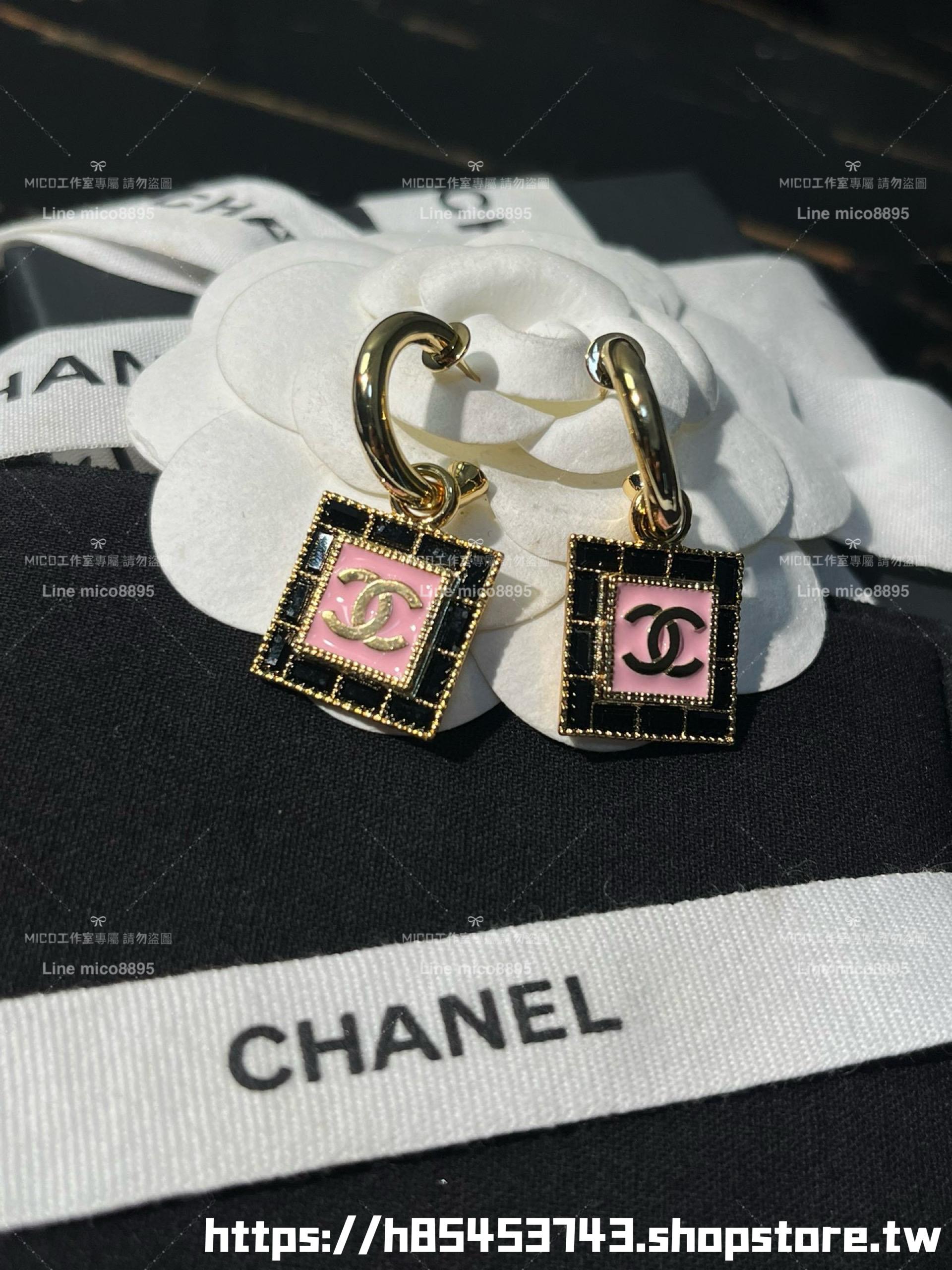 Chanel 小香 粉色琺瑯黑鑽/白鑽 冰糖雙C耳環 （兩色/下單備註）