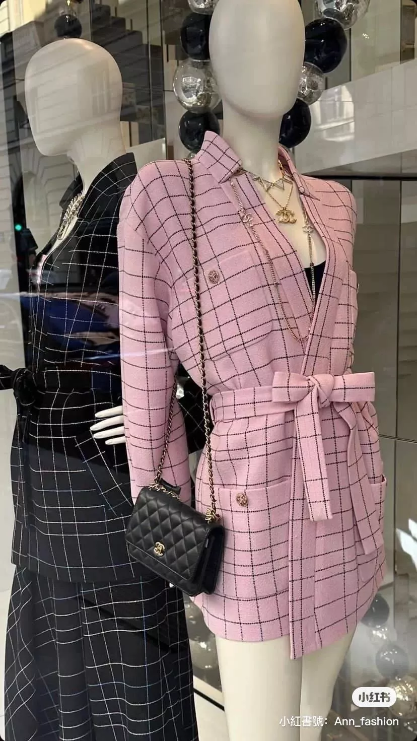 高訂服飾｜CHANEL 24s 粉色格紋束腰款軟呢料長版開衫外套 36.38.40