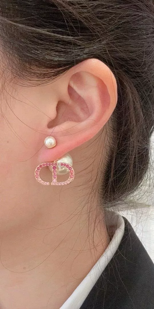 DIOR 粉色漸層施華洛世奇水鑽CD珍珠耳環/耳釘
