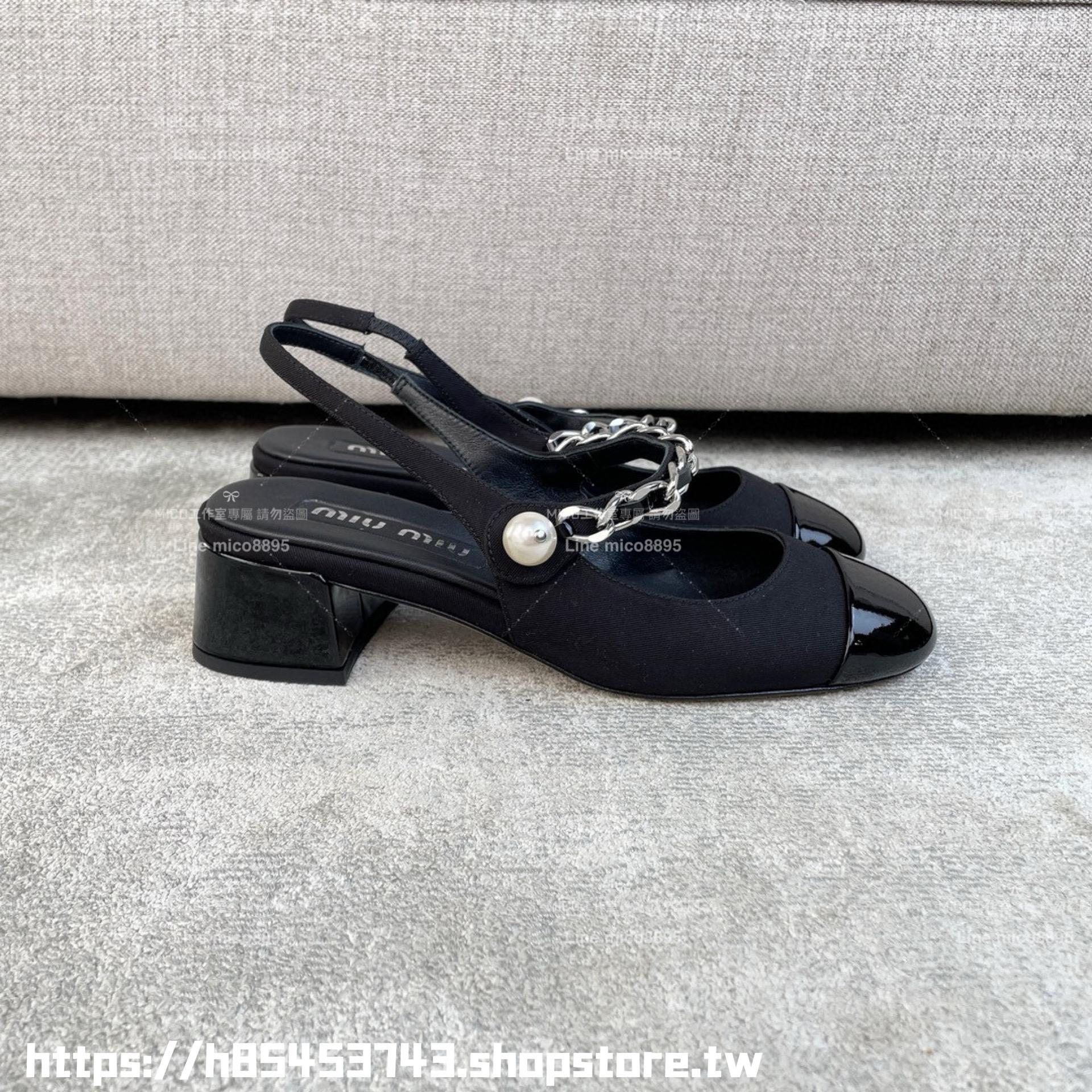 MiuMiu 布面黑 復古可愛微方頭珍珠繫帶後空涼鞋 瑪麗珍 4.5cm 35-39
