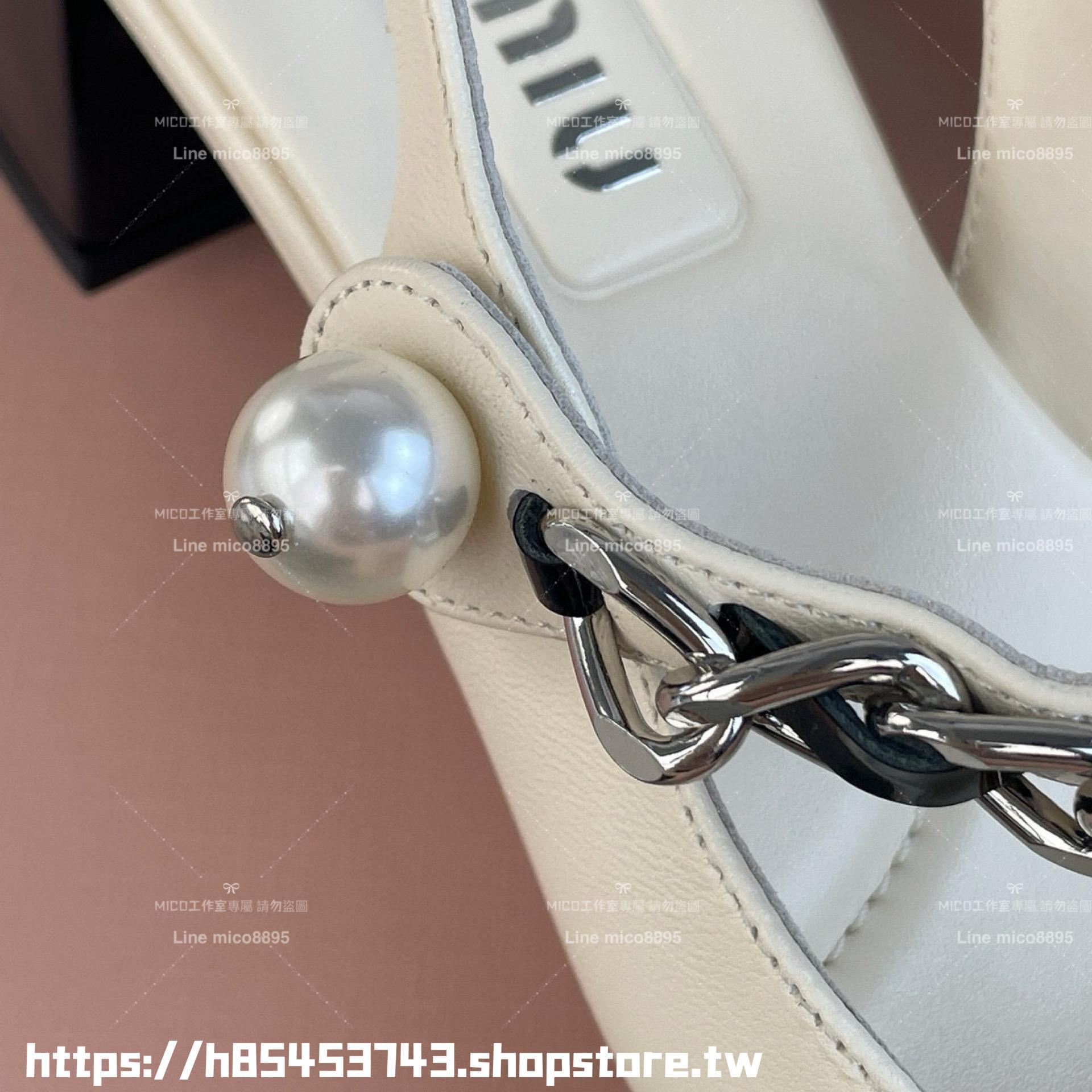 MiuMiu 皮革白 復古可愛微方頭珍珠繫帶後空涼鞋 瑪麗珍 4.5cm 35-39