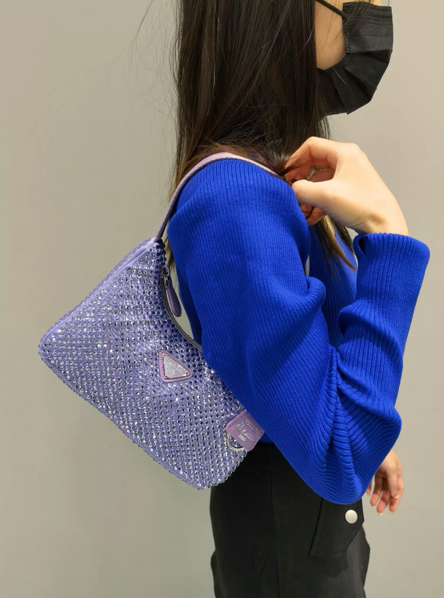 PRADA 普拉達 紫色 滿鑽版綢緞迷你手袋飾以水晶HOBO包 手提迷你包 22cm