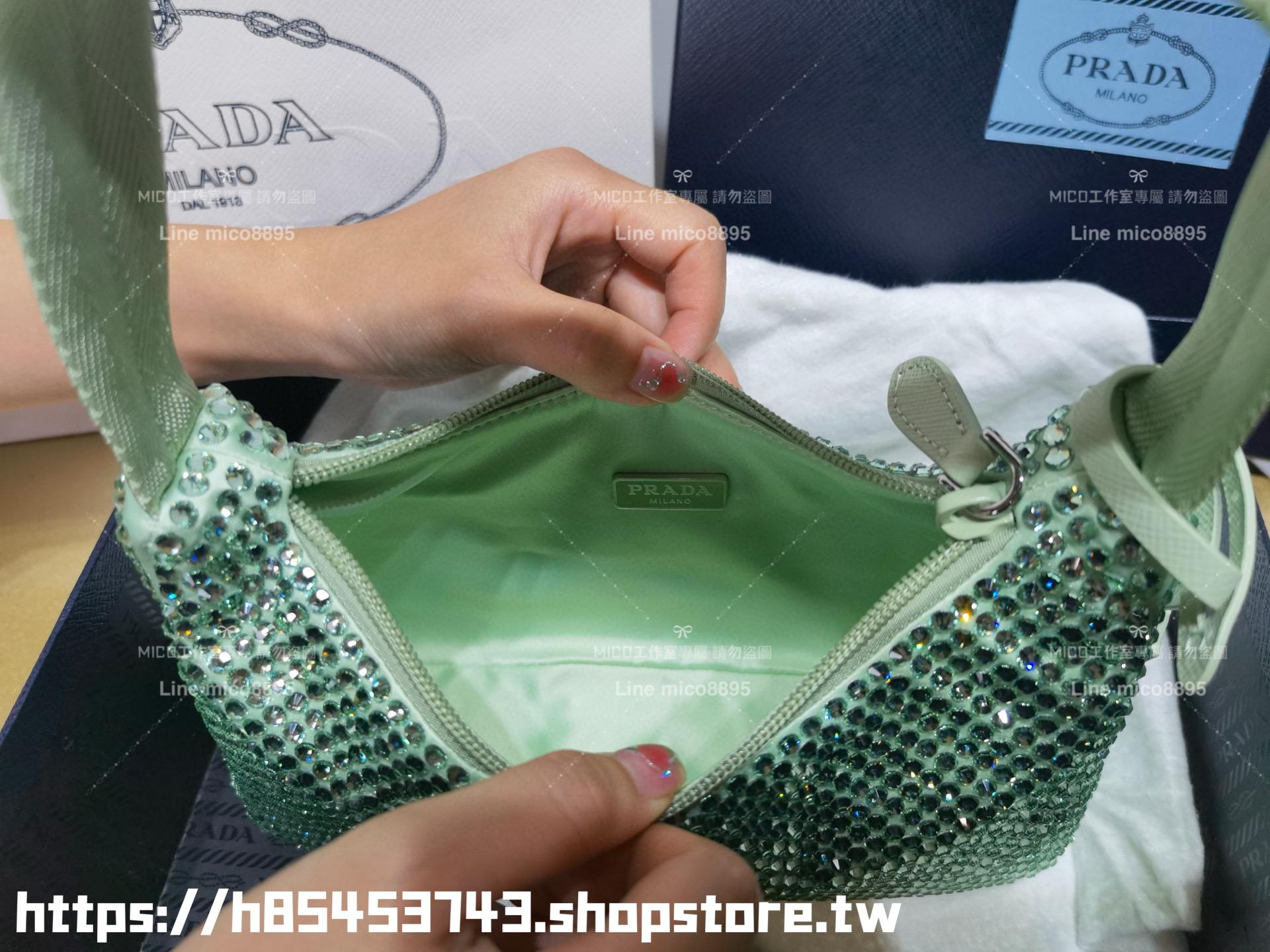 PRADA 普拉達 綠色 滿鑽版綢緞迷你手袋飾以水晶HOBO包 手提迷你包 22cm